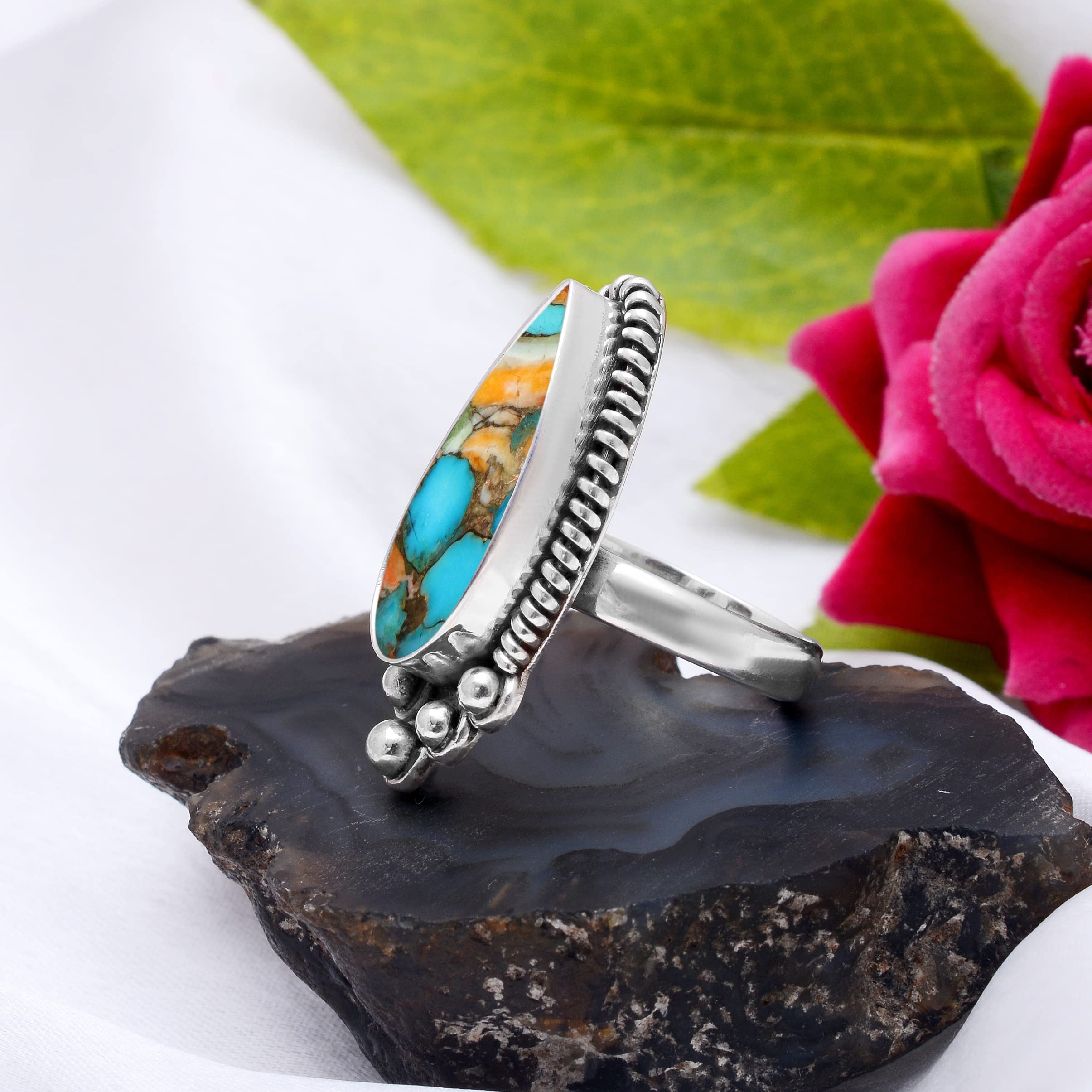 Veracity Jewelry Women's 925 Sterling Silver Oyster Copper Turquoise Ring - Kingman Mojave Spiny Oyster Healing Meditation Jewelry - Multi-Color Gemstone Ring for Everyday Wear & Spiritual Practice (VSR-473)