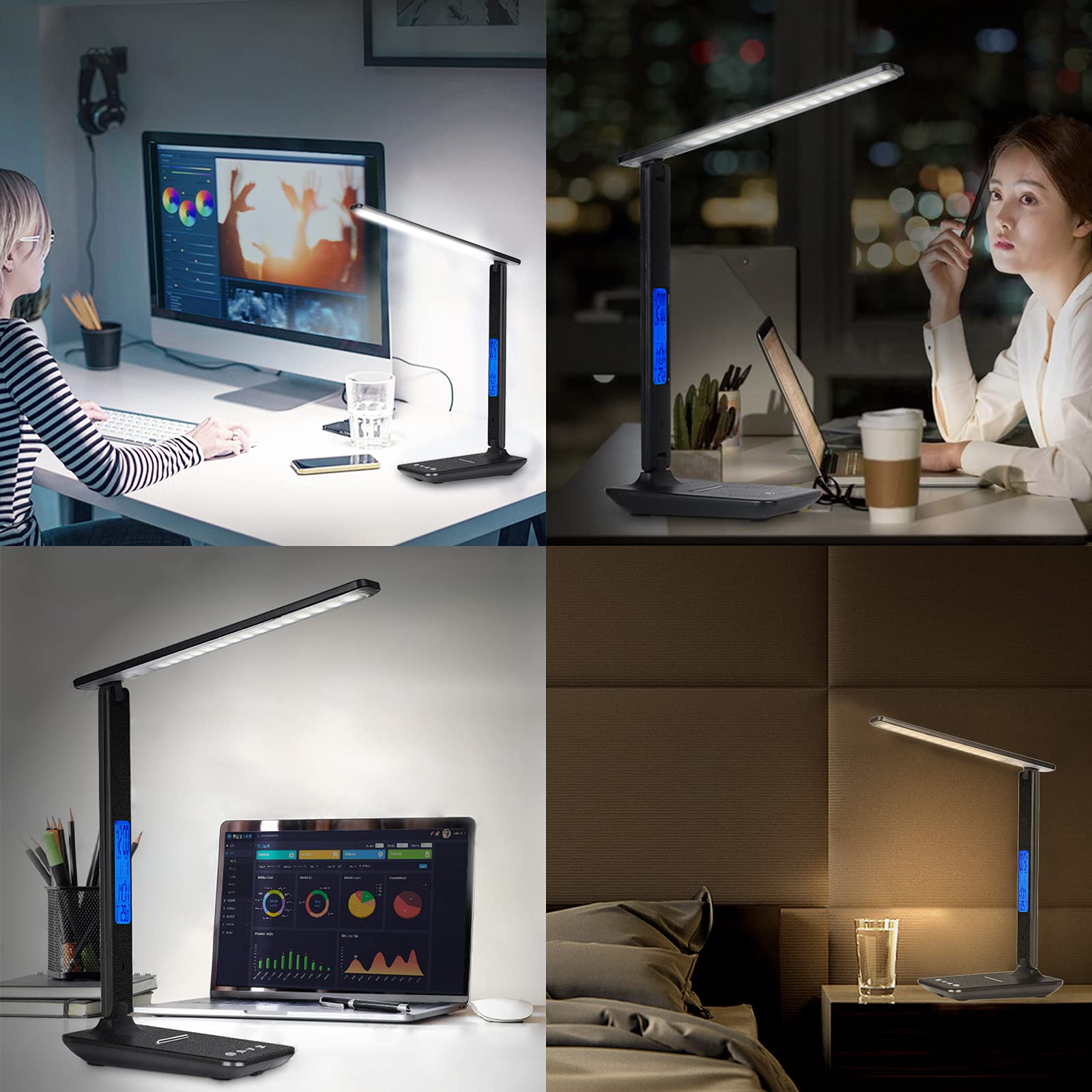 10W Wireless Charging LED Desk Lamp with USB Port & Touch Control - 3 Color Modes, 5 Brightness Levels, Built-in Clock & Temperature Display - Perfect for Home Office, Study, School & Night Reading (Black)