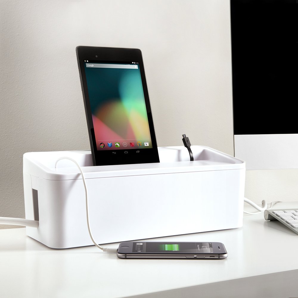In-Box Desktop Mobile Charging Station & Power Strip Organizing Box - White | Multi-Device Charging Hub for Home, Office & Travel | Cord Management Solution for Phones, Tablets & Laptops