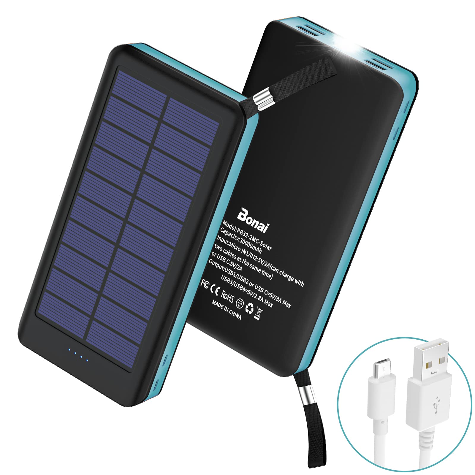 BONAI 30000mAh Solar Power Bank with Built-in Flashlight, Portable Solar Charger for iPhone Android Devices | Dual Input (Type C/Micro USB) & 4 USB Outputs | Perfect for Camping, Hiking, Emergency Power Backup - Blue