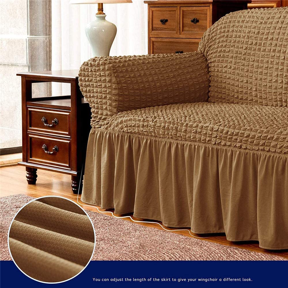 YYHSND Universal Sofa Cover - 1-Piece Stretchable Couch Slipcover, Washable Durable Seersucker Fabric Furniture Protector with Skirt (Almond, 3-Seater) for Living Room, Office & Home Decor