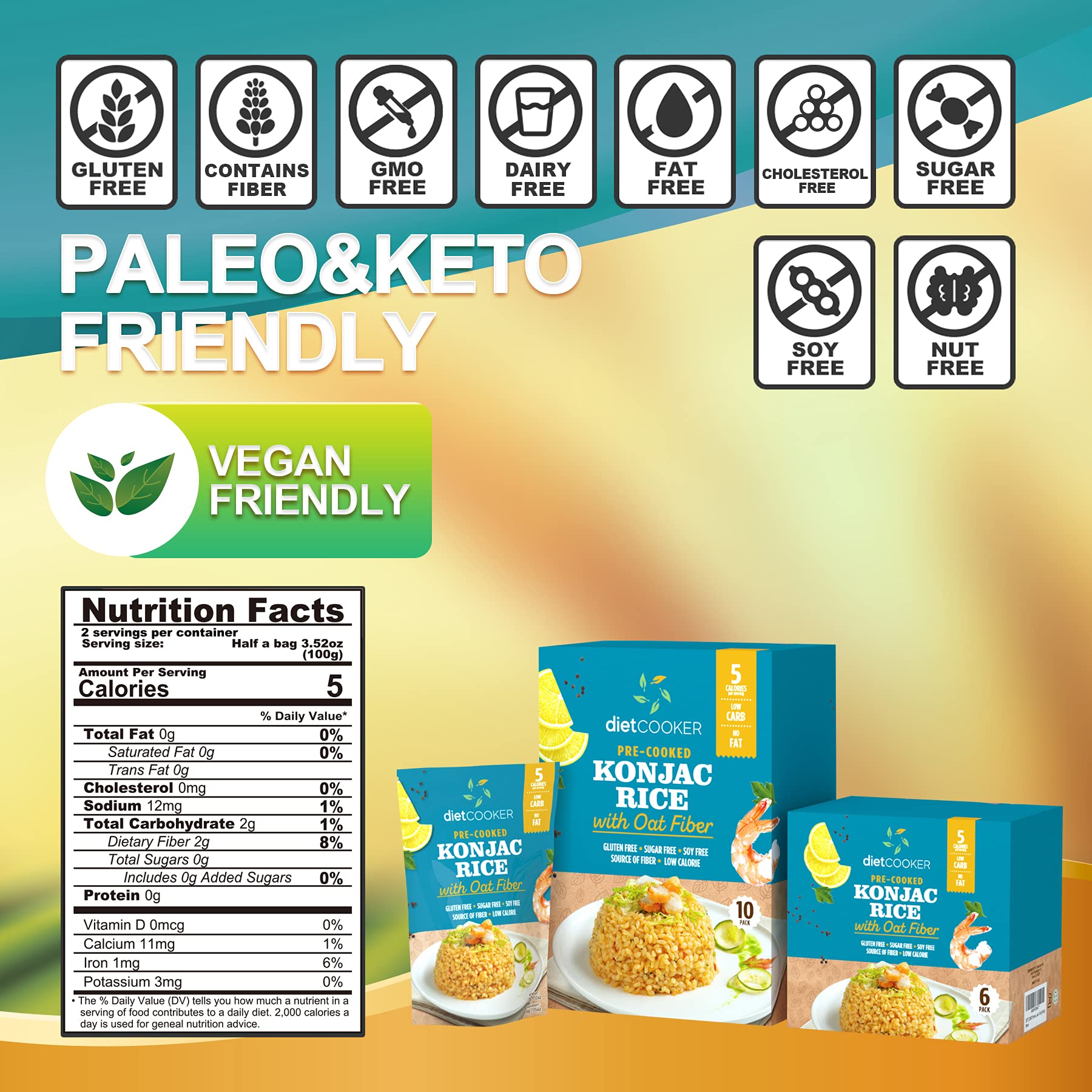 Shirataki Rice - 10 Pack Konjac Rice for Keto & Vegan Diet, 9.52 oz | Odor Free, Low Calorie, Zero Net Carbs, Slim Rice with Oat Fiber | Perfect for Weight Loss, Meal Prep & Healthy Eating