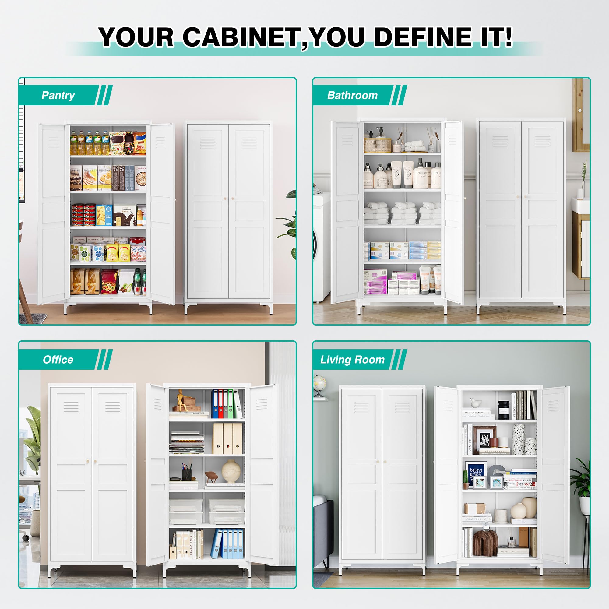 White 5-Tier Metal Storage Cabinet with Doors & Shelves - Tall Large Pantry Cupboard for Kitchen, Dining, Living Room & Laundry Room - Perfect for Food Storage, Home Organization & Space Saving
