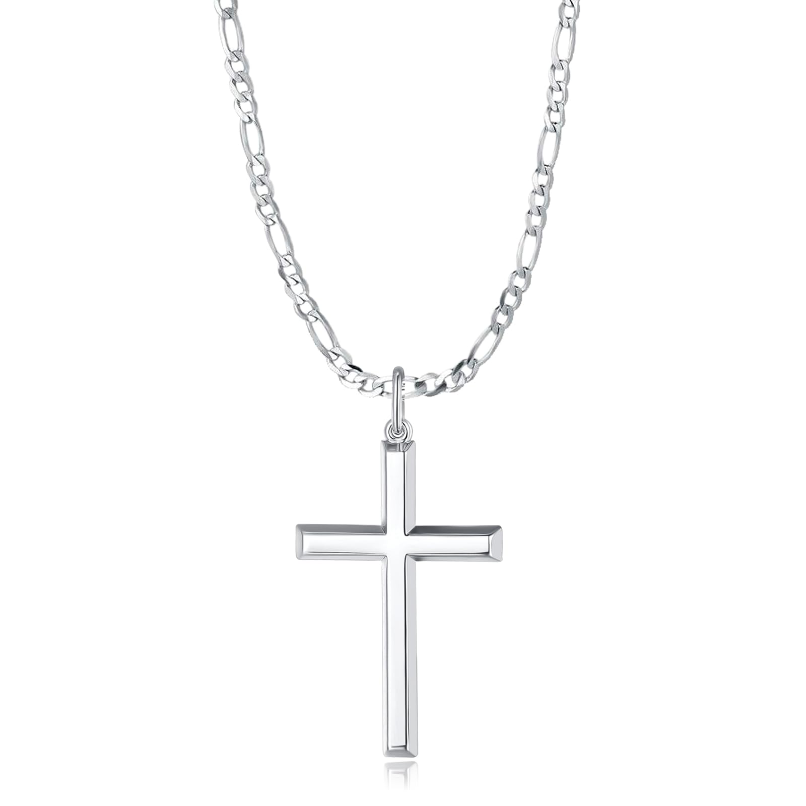 FANCIME 925 Sterling Silver Cross Pendant Necklace for Men - White Gold Plated, 4mm Figaro Chain, 24 Inch - Religious Jewelry Gift for Him - Perfect for Church, Weddings & Everyday Wear