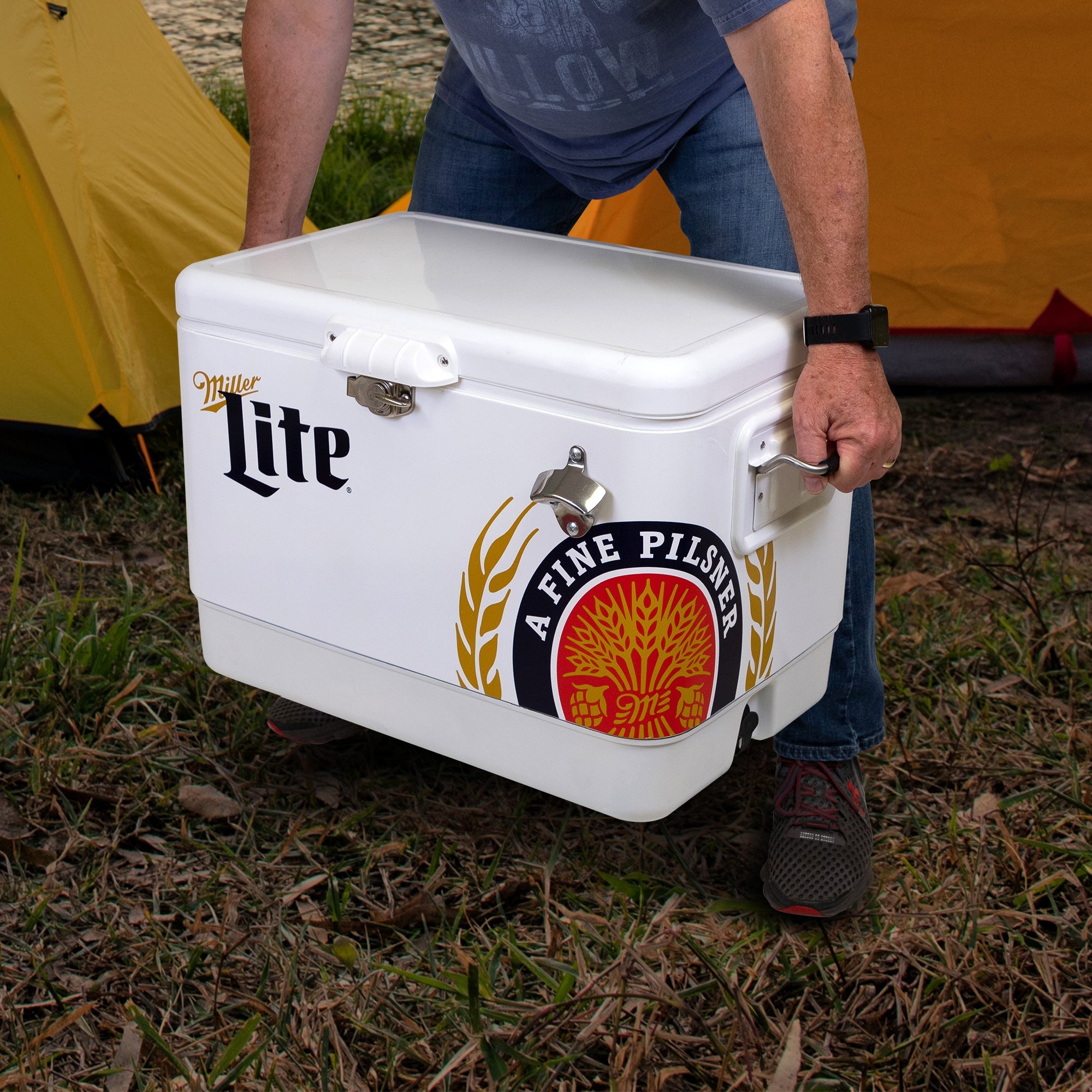 Miller Lite 51L (54 qt) Steel Belted Portable Cooler with Bottle Opener - 85 Can Capacity, White & Black - Perfect for Camping, Beach, RV, BBQs, Tailgating, Fishing & Outdoor Adventures
