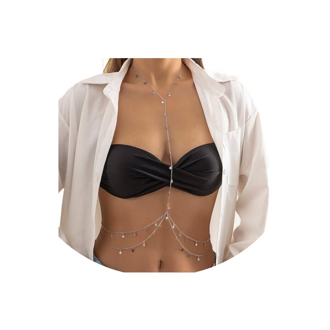 Bounzhi Silver Sexy Body Chain Jewelry for Women - Crossover Thin Bra Bikini Waist Belly Chain - Perfect for Beach Parties, Music Festivals & Boudoir Photography