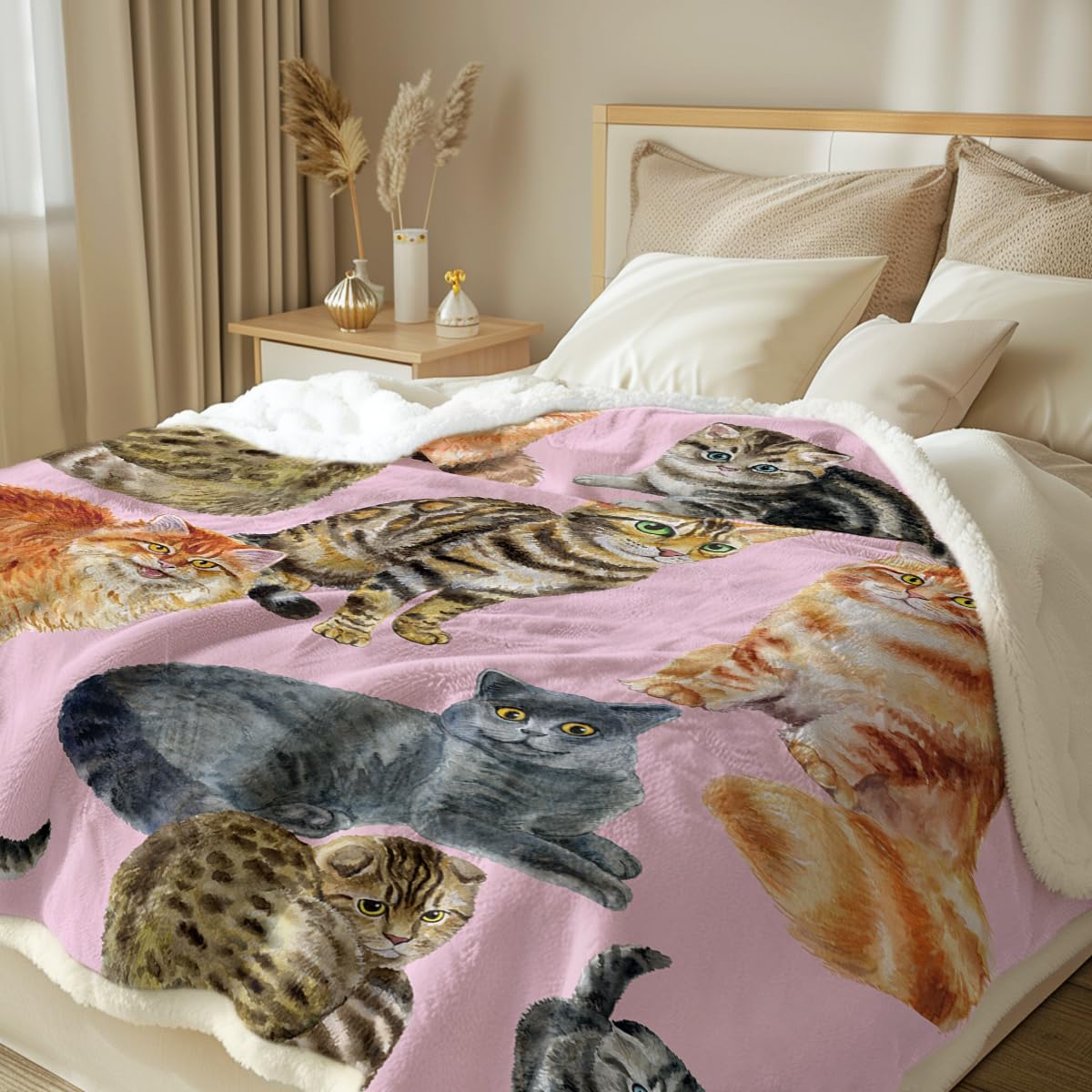 Soft Sherpa Fleece Cat Blanket for Kids & Adults - 50x60 Inch Cozy Throw for Bed, Couch, Chair - Perfect Gift for Cat Lovers (Pink) | Ideal for Nap Time, Movie Nights & Winter Warmth
