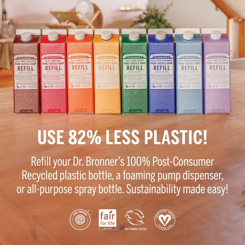 Dr. Bronner's Pure-Castile Liquid Soap Refill - 32oz Lavender, Organic Certified, 82% Less Plastic - 18-in-1 Uses: Face Wash, Body Wash, Hand Soap, Shampoo, Household Cleaner - Perfect for Eco-Friendly Home, Travel & Camping