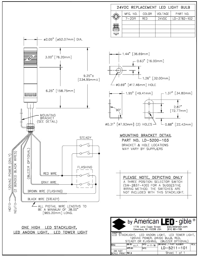 LED Andon LD-5211-101 Tower Light with Flashing Function - 120V Red Stack Light for Industrial Equipment & Production Line Status Alerts