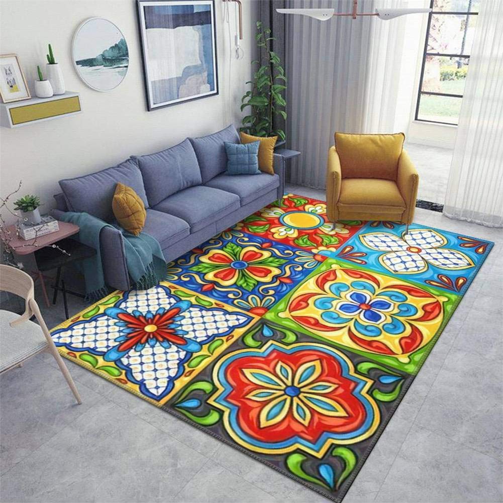 Authentic Mexican Talavera Ceramic Tile Pattern Ethnic Folk Area Rug - Non-Slip Soft Throw Carpet for Living Room, Nursery, Yoga - Indoor/Outdoor Floor Mat for Home Decor & Runner