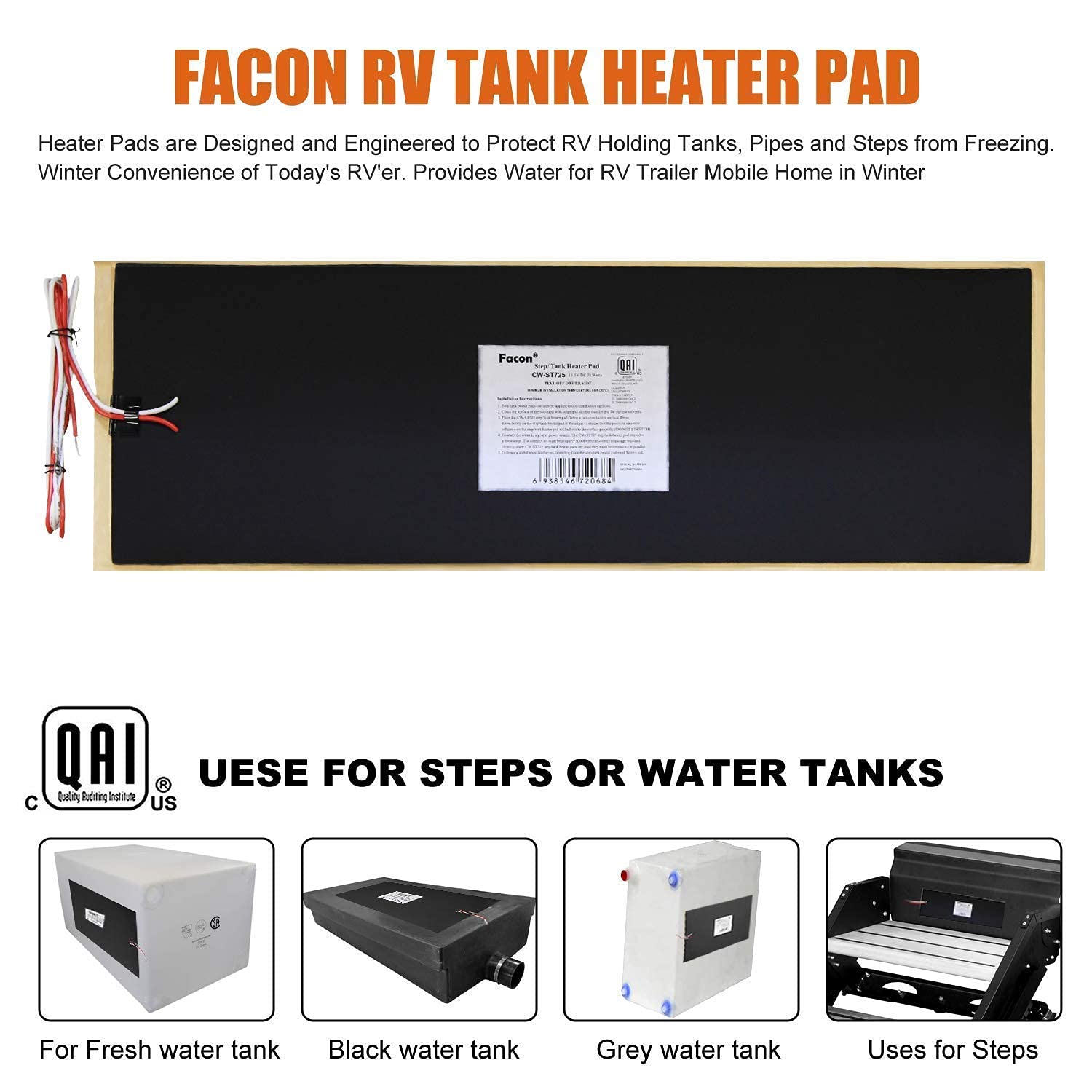 Facon RV Holding Tank Heater Pad - 50 Gallon Capacity for Fresh, Grey & Black Water Tanks with Auto Thermostat | Winter RV Camping & Cold Weather Protection
