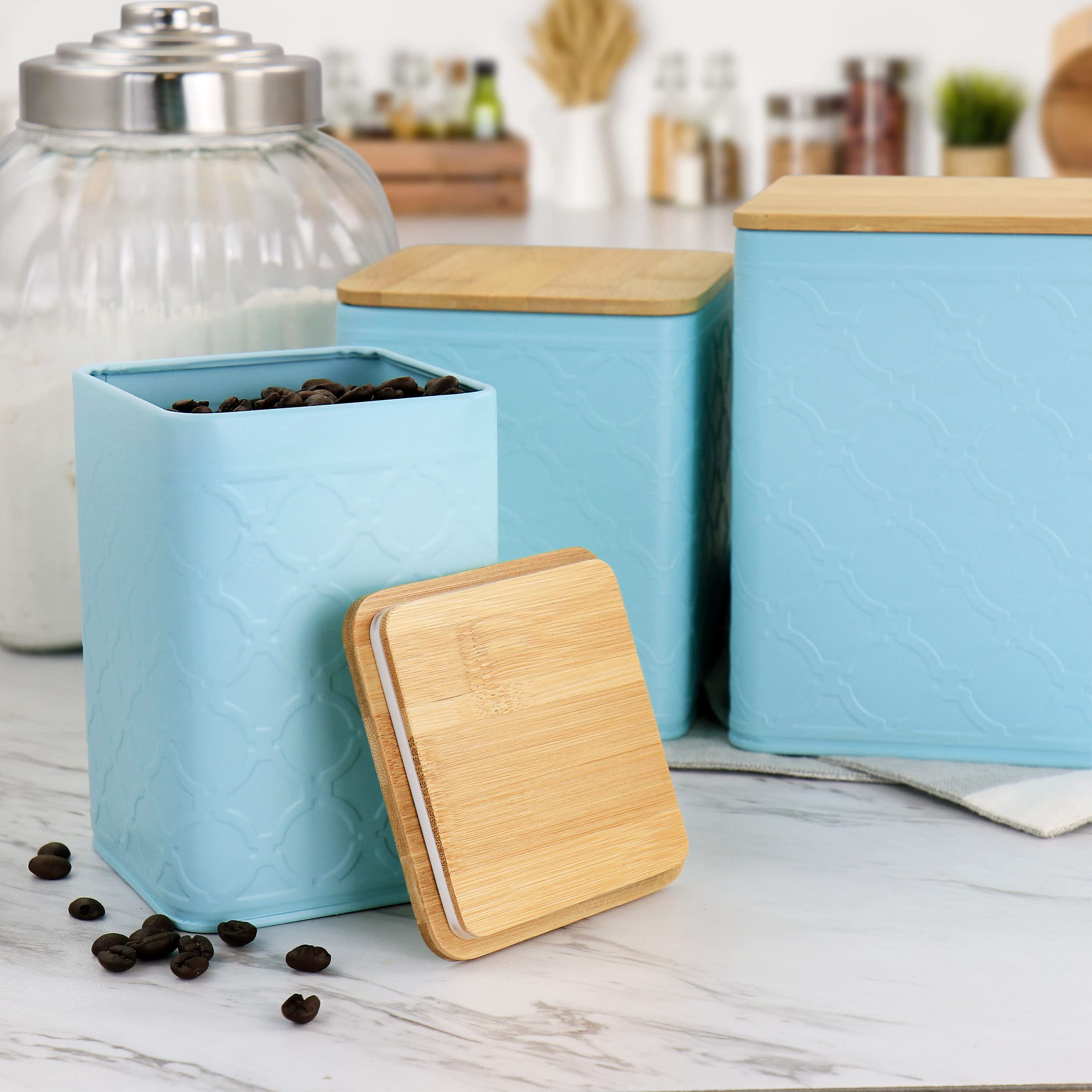 MegaChef 3-Piece Square Iron Canister Set - Airtight Kitchen Storage Containers for Flour, Sugar, Coffee & Tea | Turquoise Blue Pantry Organization for Countertop or Cabinet