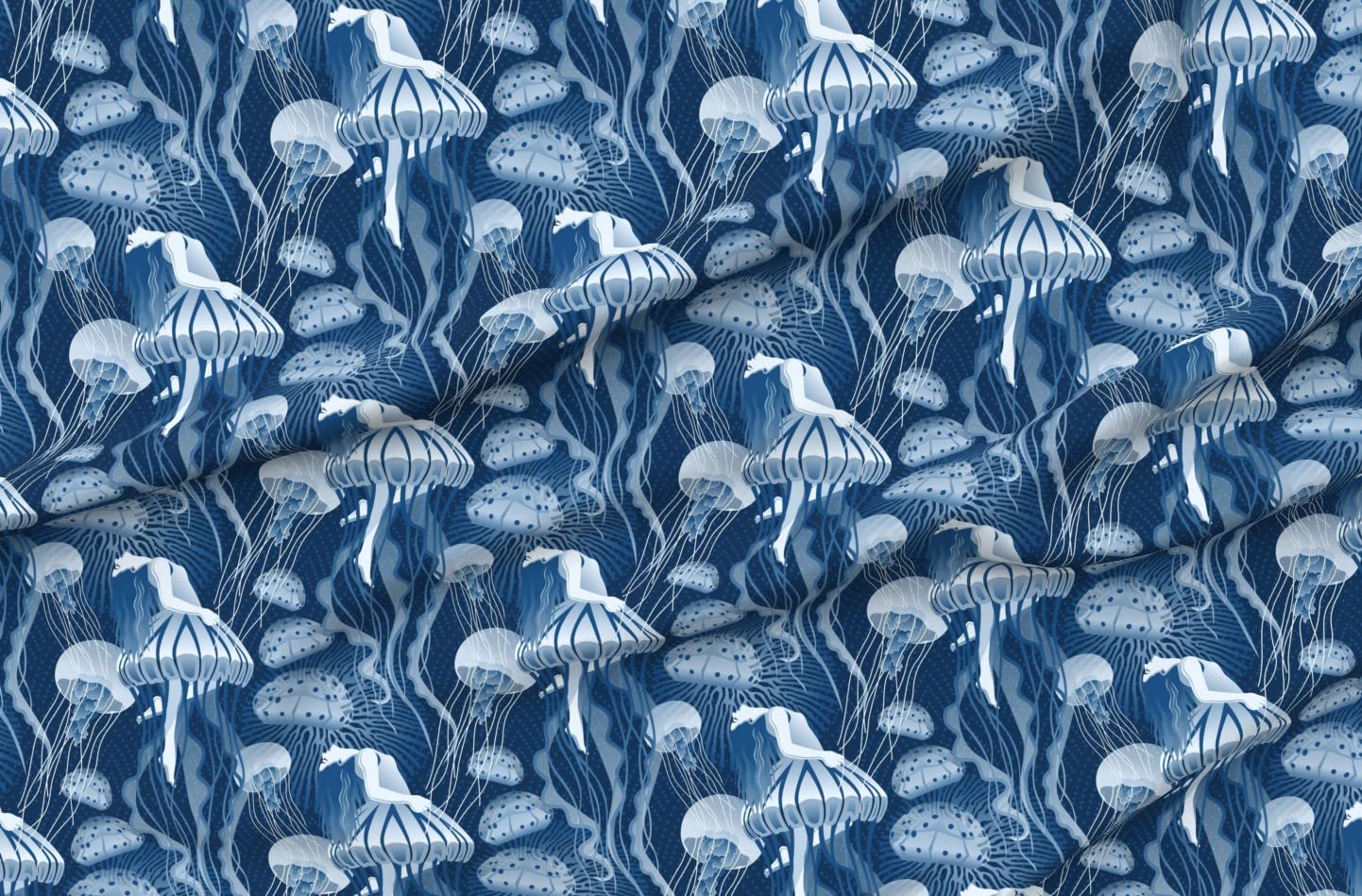 Underwater Dance Water Woman Printed Velvet Fabric by The Yard - Blue Magical Jellyfish Design for Upholstery, Home Decor & Apparel - Perfect for DIY Curtains, Throw Pillows & Fashion Projects