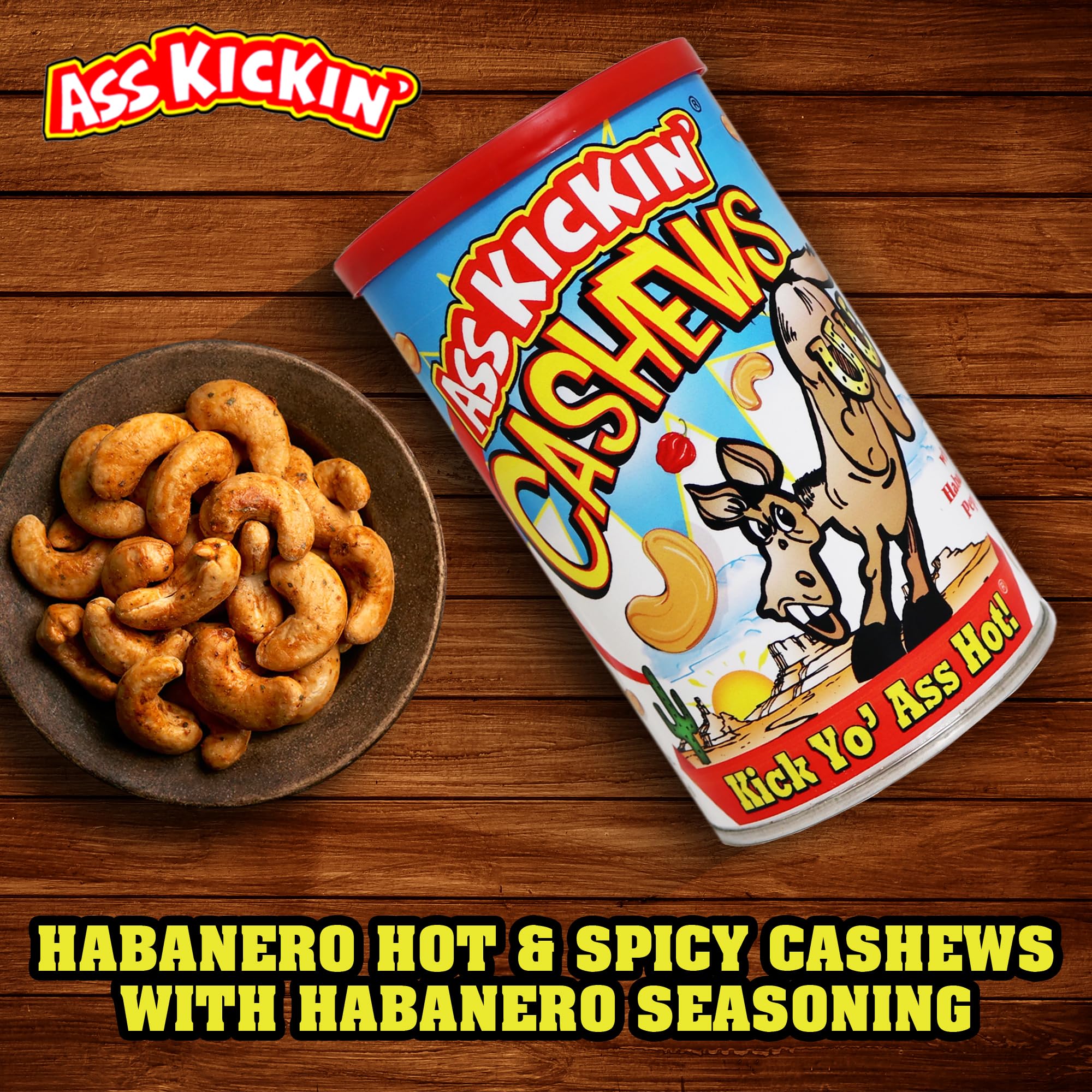 ASSKICKIN' Roasted Hot & Spicy Cashews - Habanero Flavored Nuts – 6oz Resealable Can - Premium Spicy Snack for Adults - Perfect for Parties, Gifts & Spicy Food Lovers