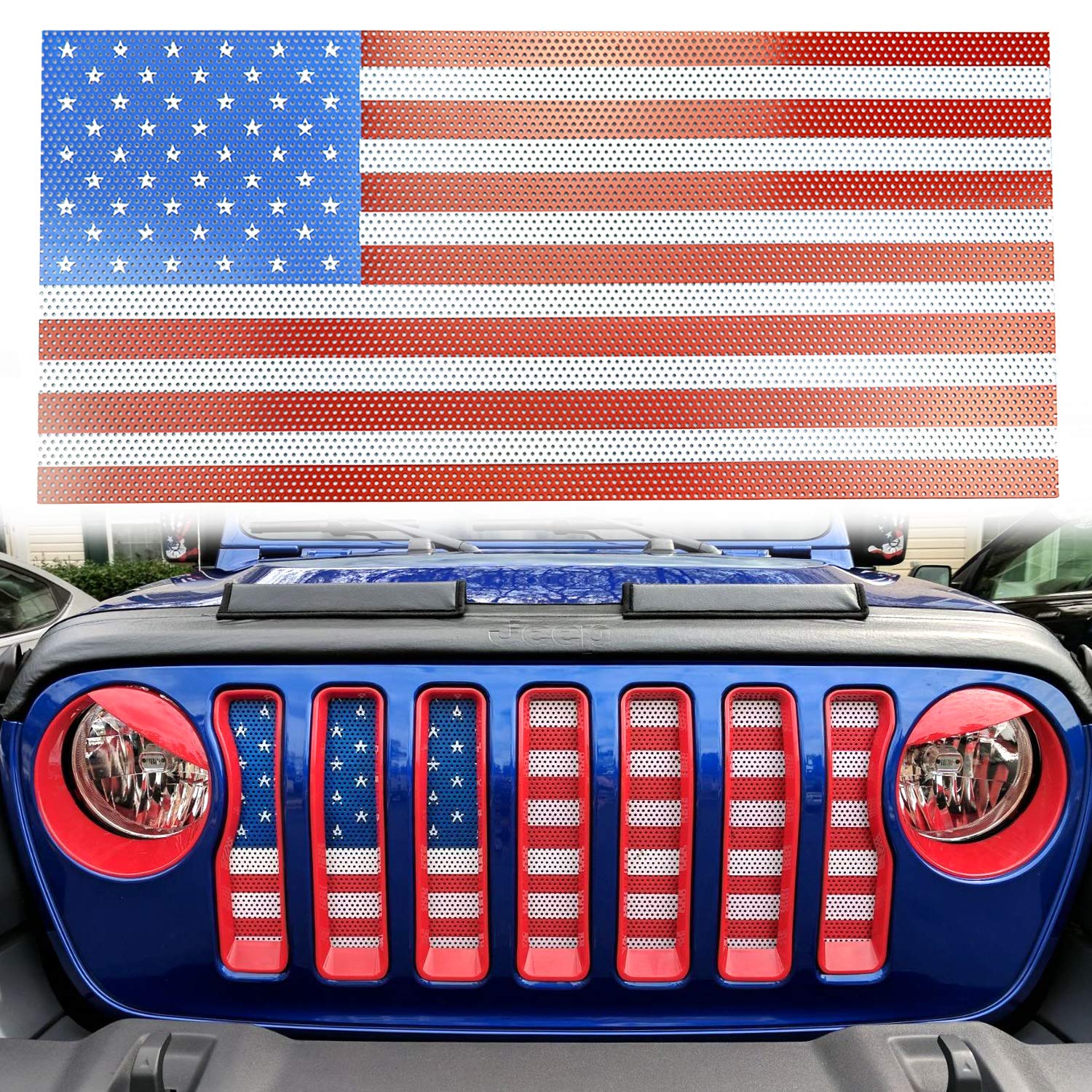 American Flag Grill Insert Bug Screen Deflector for Jeep Wrangler JL & Gladiator JT (2018-2022) | Durable Mesh Protection & Patriotic Style Upgrade | Perfect for Off-Road Adventures & 4th of July Decor