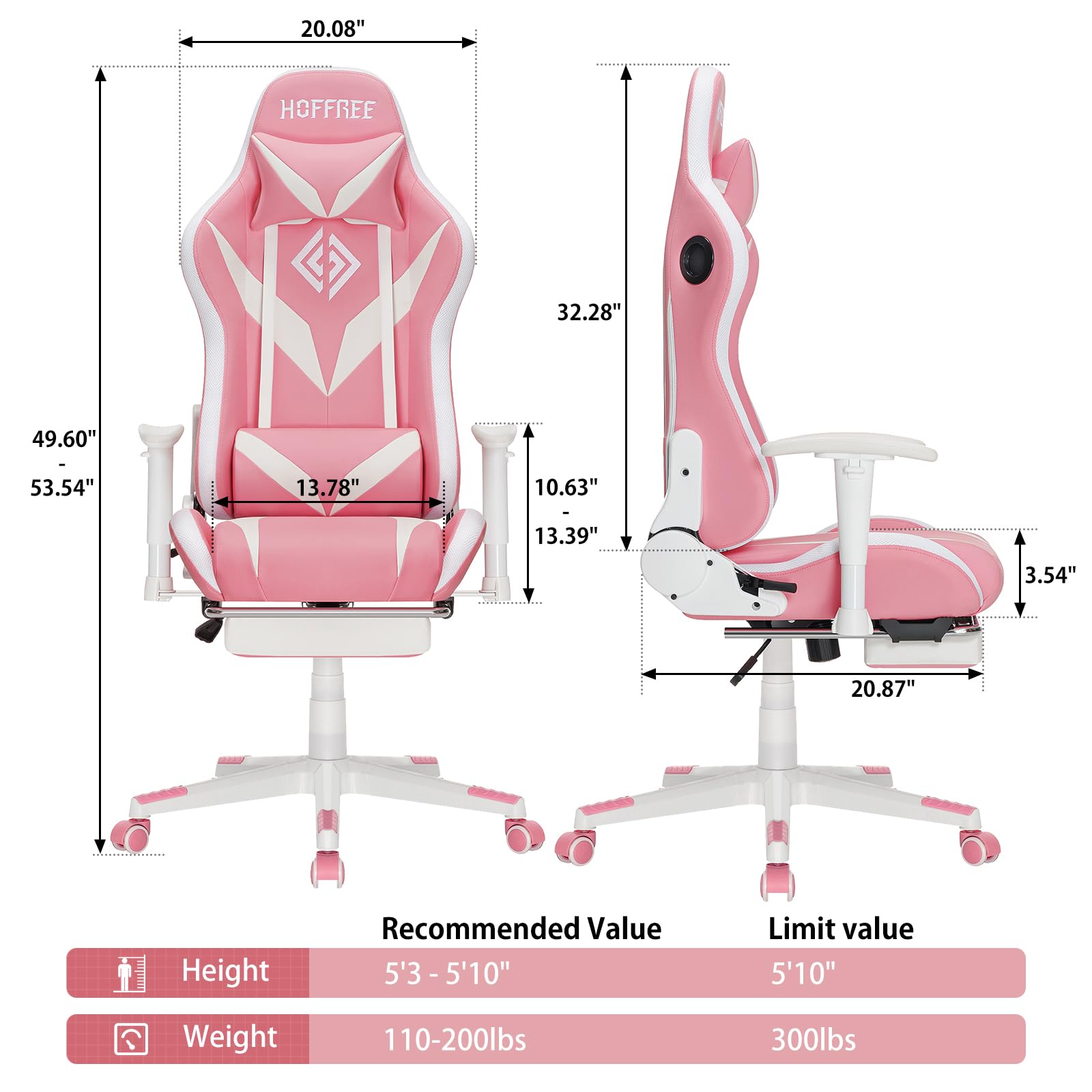 HOFFREE Pink and White Gaming Chair with Bluetooth Speakers, LED Lights, Massage & Footrest - Ergonomic High Back Reclining Computer Chair for Gamers | Perfect for Gaming Rooms, Esports & Home Office Setup