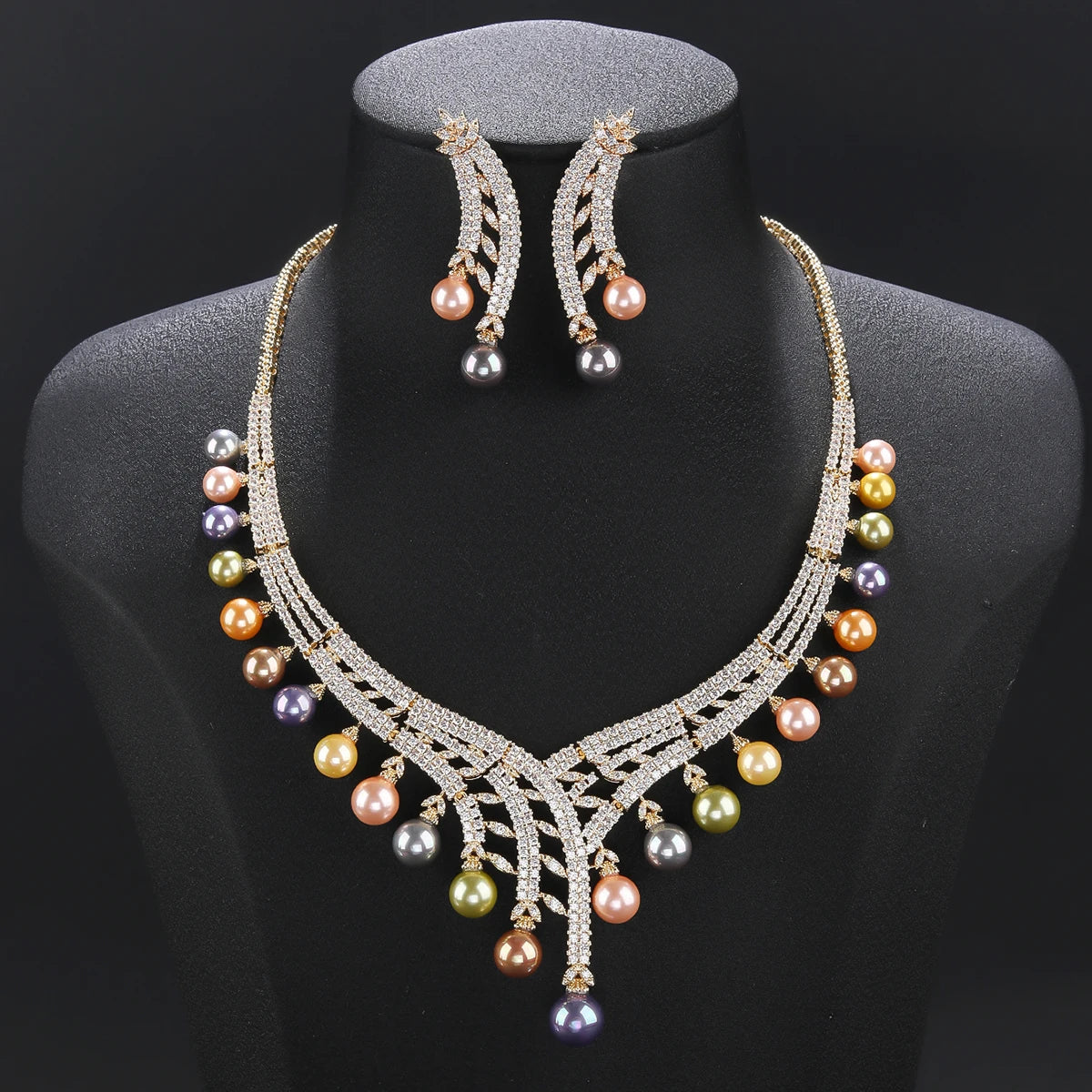 Luxury White Pearl Necklace & Earrings Set with Cubic Zirconia - Elegant Wedding Bridal Jewelry for Women - Perfect for Weddings, Parties, and Special Occasions