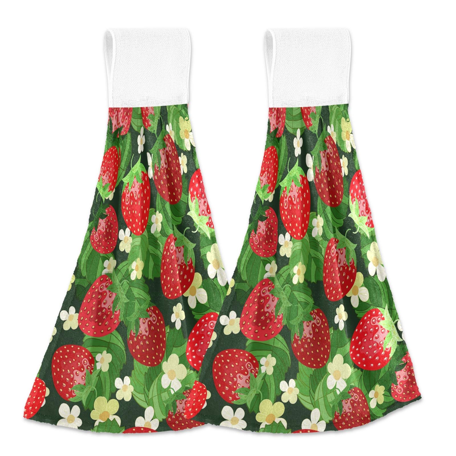 Red Strawberry White Flowers Green Leaves 2-Piece Hanging Kitchen Hand Towel Set with Hook & Loop - Absorbent Washcloths & Dishcloths for Tea Bar, Bath, and Decorative Kitchen Use