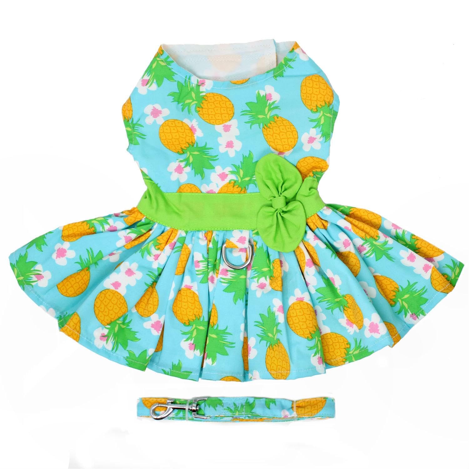 DOGGIE DESIGN Pineapple Luau Dog Harness Dress with Matching Leash - Large Size, Tropical Hawaiian Costume for Small Medium Dogs - Perfect for Luau Parties, Beach Outings & Pet Photo Shoots