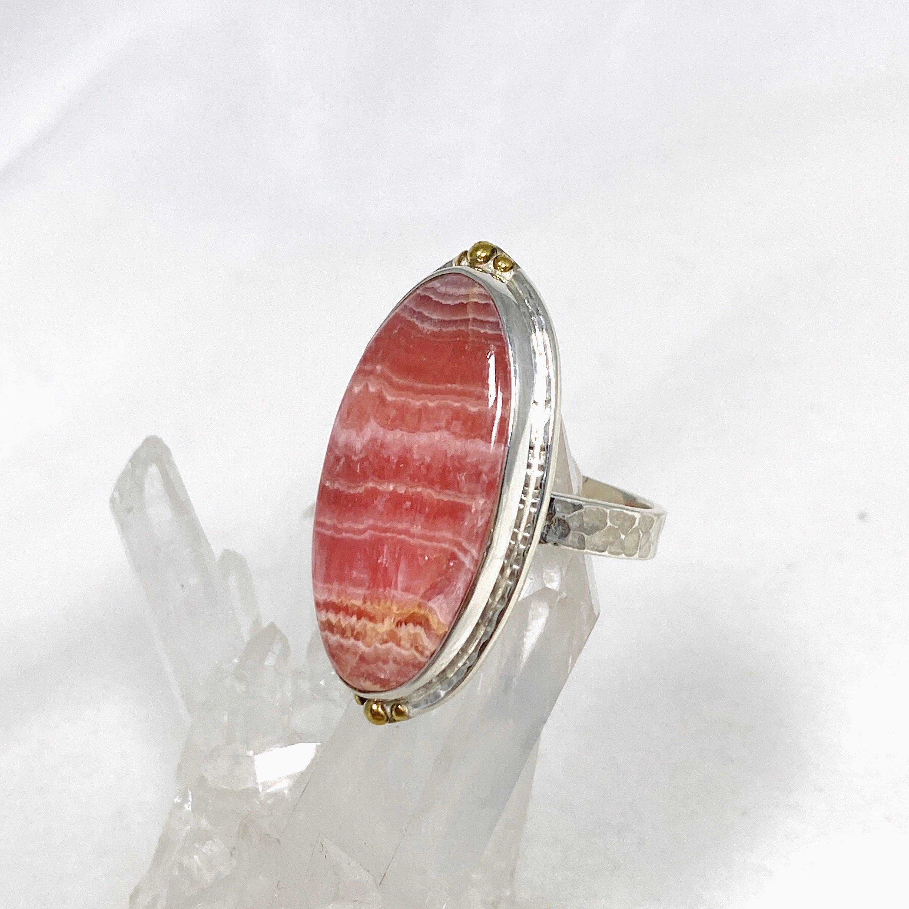Rhodochrosite Oval Ring with Brass Accents - Size 10 Women's Jewelry KRGJ3166 | Elegant Gift for Valentine's Day, Anniversary & Special Occasions