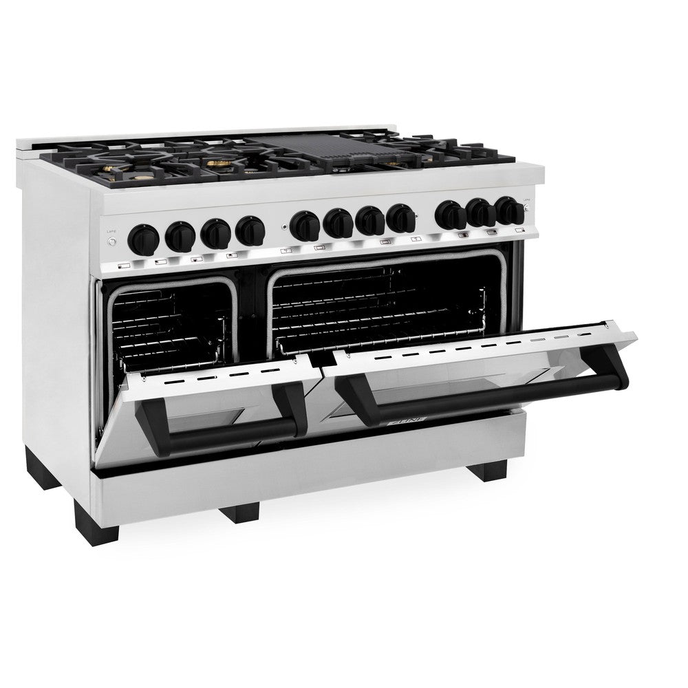 ZLINE Autograph Edition 48-inch Stainless Steel Dual Fuel Range Kitchen Package with Range Hood, Dishwasher & Refrigerator - Matte Black Accents & External Water Dispenser (4AKPR RARHDWM48 MB) | Premium Kitchen Appliances for Modern Homes & Professional Chefs
