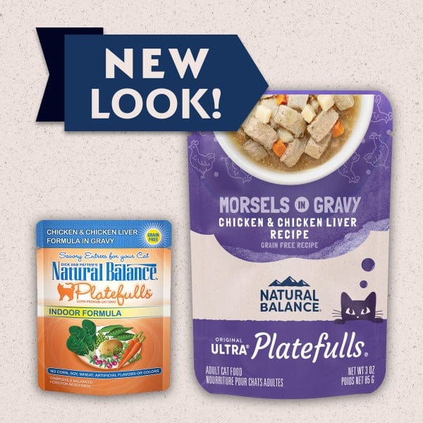 Natural Balance Platefulls Chicken & Chicken Liver Recipe Morsels in Gravy - Grain-Free Wet Cat Food Pouches for Adult Cats - Perfect for Mealtime, Travel & Treat Rewards