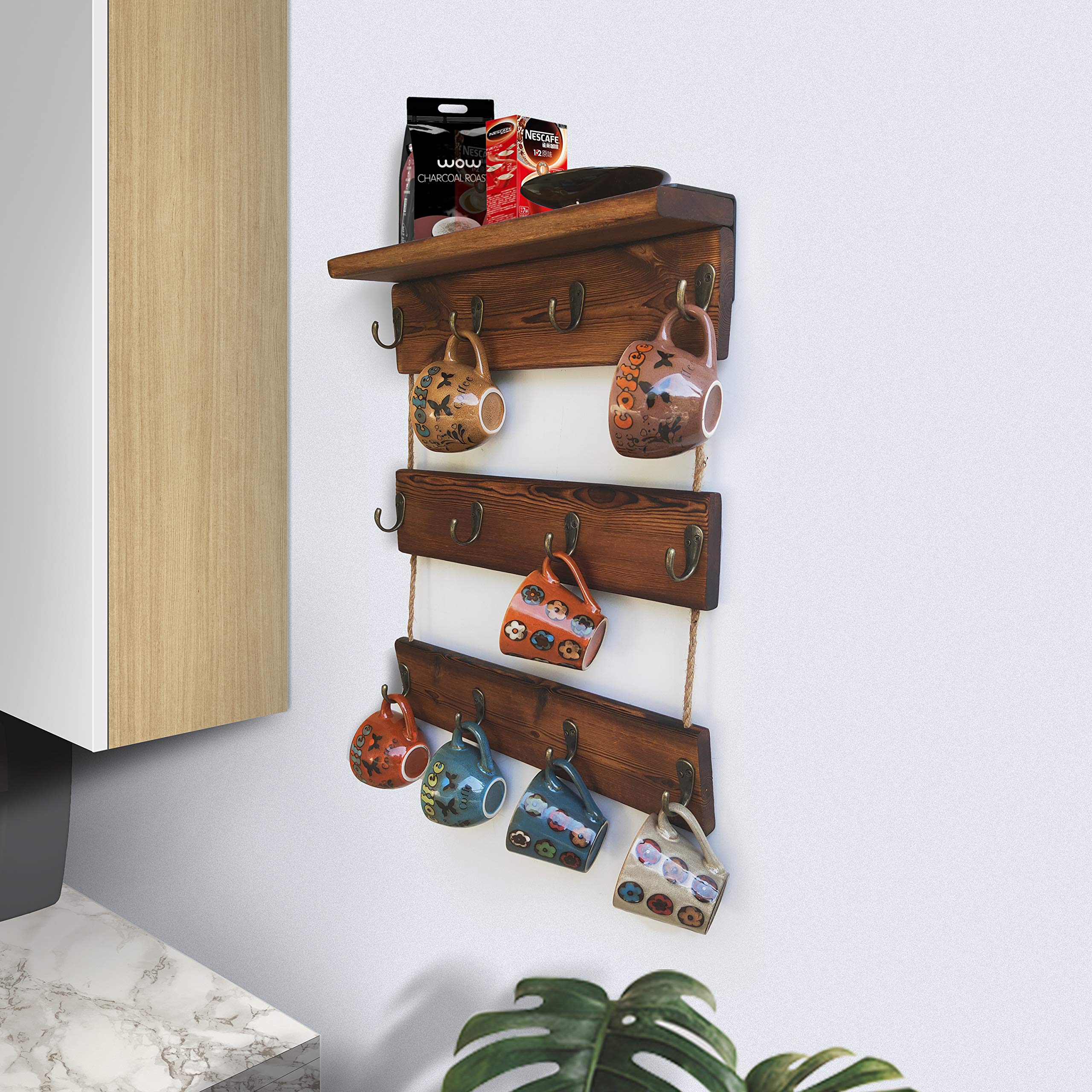 12 Hooks Solid Wood Coffee Cup Holder with Shelf - Rustic Mug Rack for Kitchen, Coffee Bar & Farmhouse Decor - Perfect for Organizing Mugs, Spices & Displaying Decor in Home, Cafe or Office