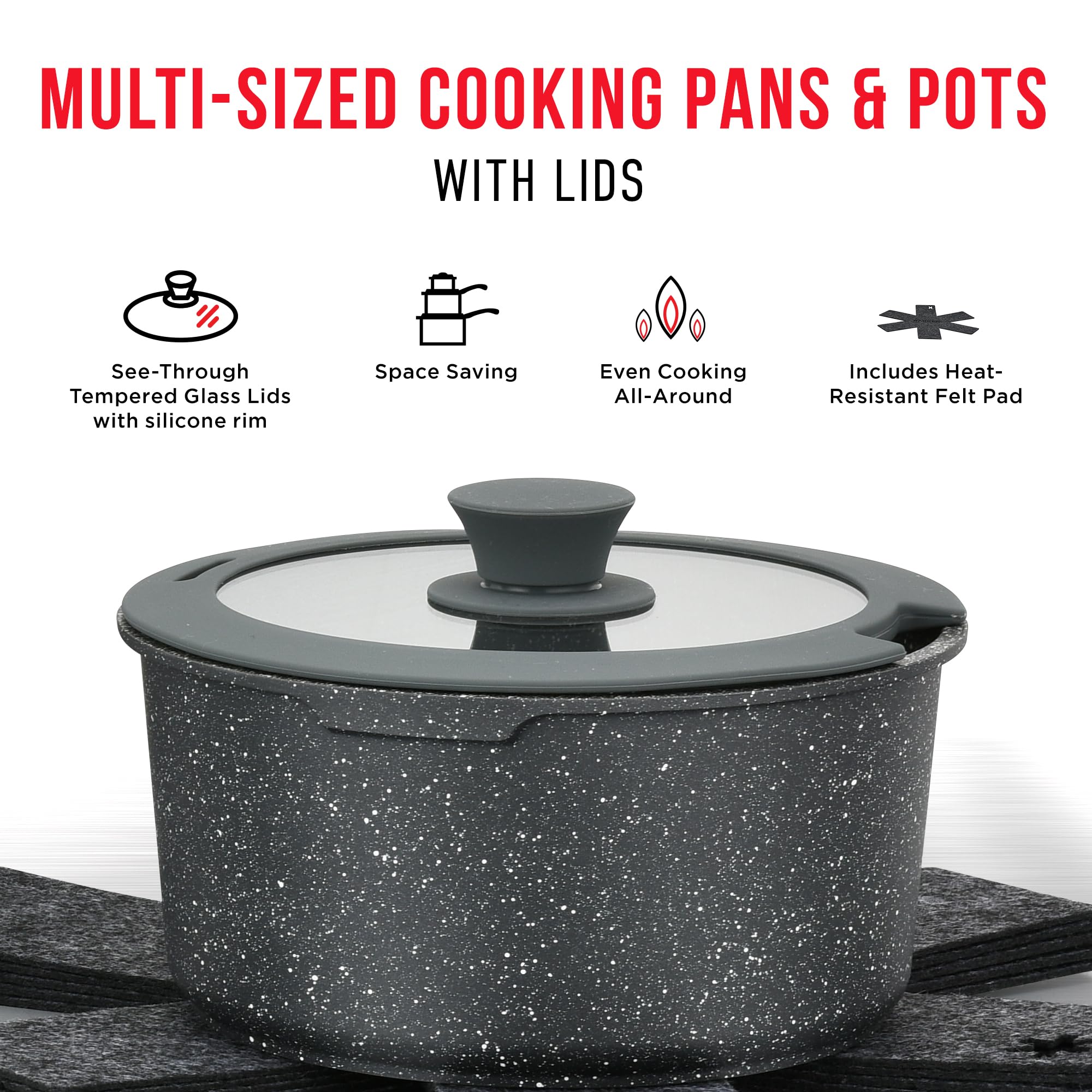 Premium 15-Piece Non-Stick Cookware Set with Removable Handles - Granite Coated Stackable Pots & Pans, Oven & Dishwasher Safe, Induction Compatible for Gas, Electric & Ceramic Stoves - Perfect for Family Cooking, Meal Prep & Everyday Kitchen Use - Black Granite