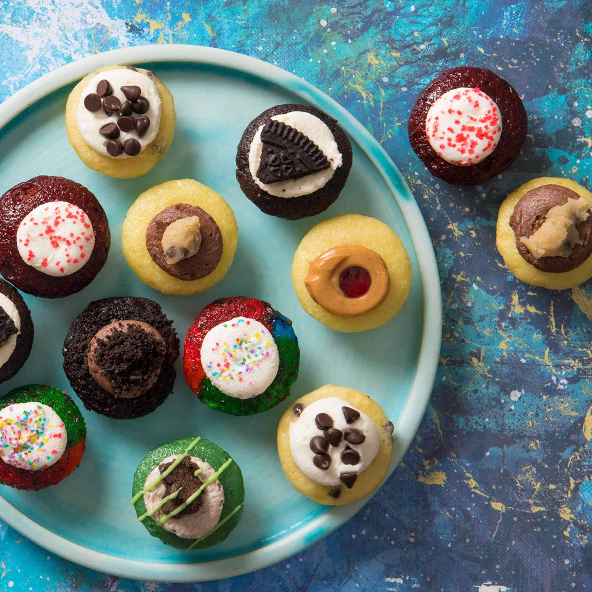 Baked by Melissa Assorted Mini Cupcakes - 50 Count Bite-Size Dessert Box with 12 Flavors (Red Velvet, Triple Chocolate, Cookie Dough) - Perfect for Birthday Parties, Office Treats & Holiday Gifts