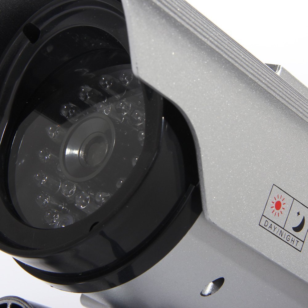 JUSTOP Twin Pack Fake Security Camera Outdoor Indoor Waterproof with Realistic LED Light - Solar or Battery Powered - Silver - Ideal for Home, Office, and Store Surveillance