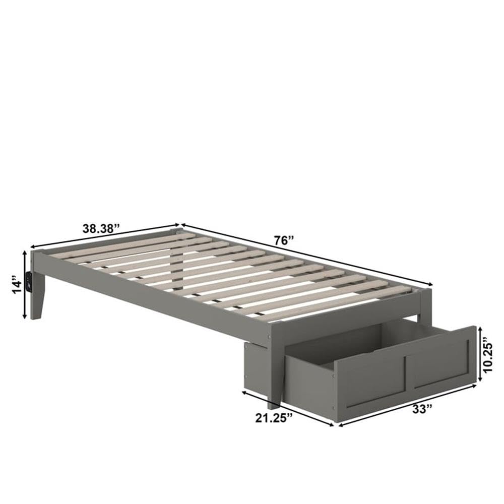 BOWERY HILL Modern Gray Wood Twin Bed with Foot Drawer & USB Charger - Space-Saving Storage Bed for Small Bedrooms, Guest Rooms & Kids Rooms