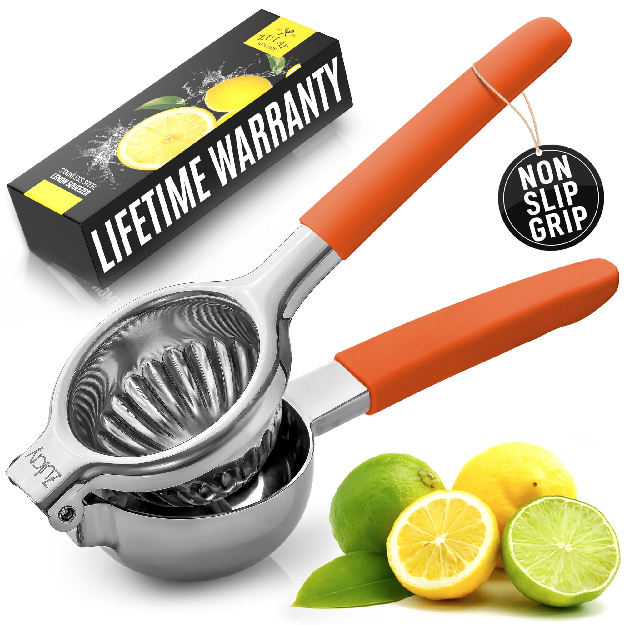 Premium Stainless Steel Lemon Squeezer - Heavy Duty Manual Citrus Juicer with Non-Slip Silicone Handles for Lemons, Limes & Oranges | Perfect for Fresh Juice, Cocktails & Cooking | Durable Kitchen Tool for Bars, Restaurants & Home Use