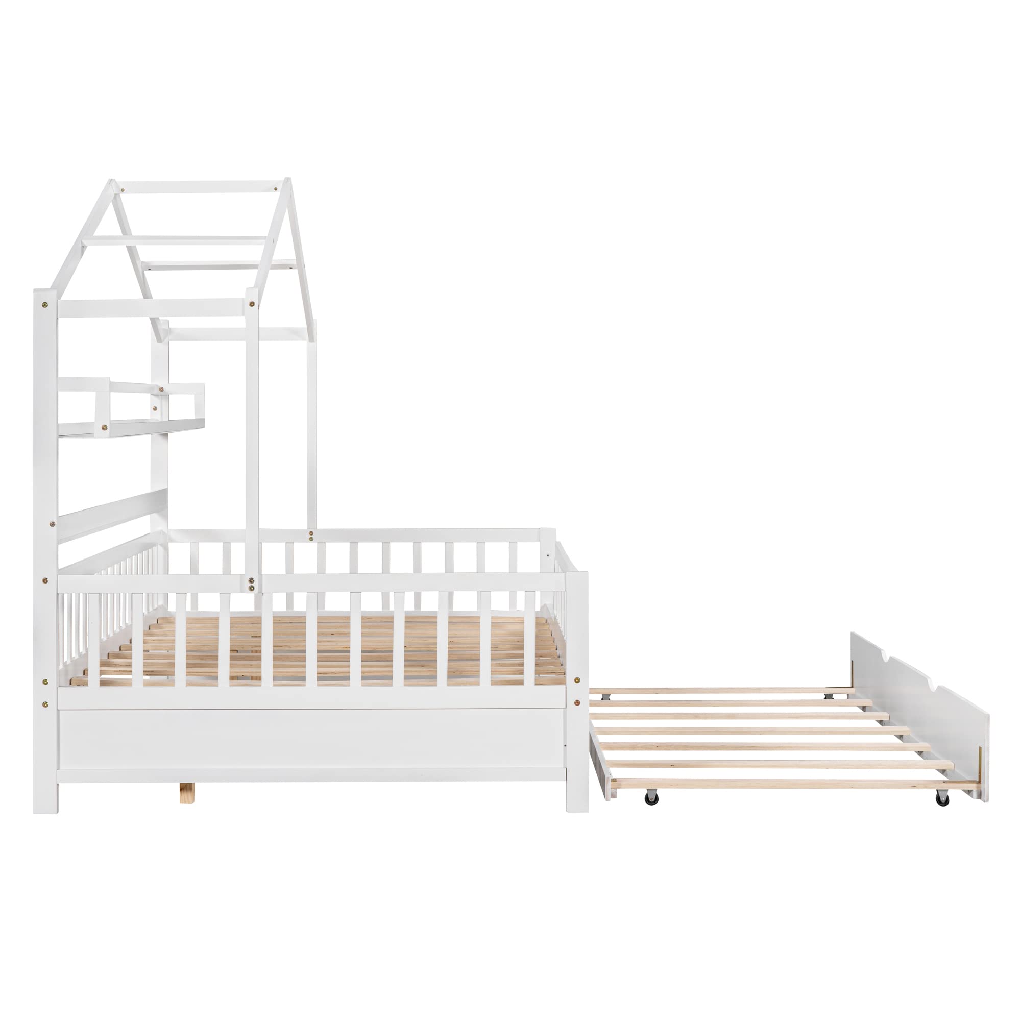 Harper & Bright Designs Full Size House Bed with Trundle - Wooden Kids Bed Frame with Built-in Shelf & Roof - No Box Spring Needed (White) - Perfect for Kids' Bedroom, Playroom & Nursery Decor