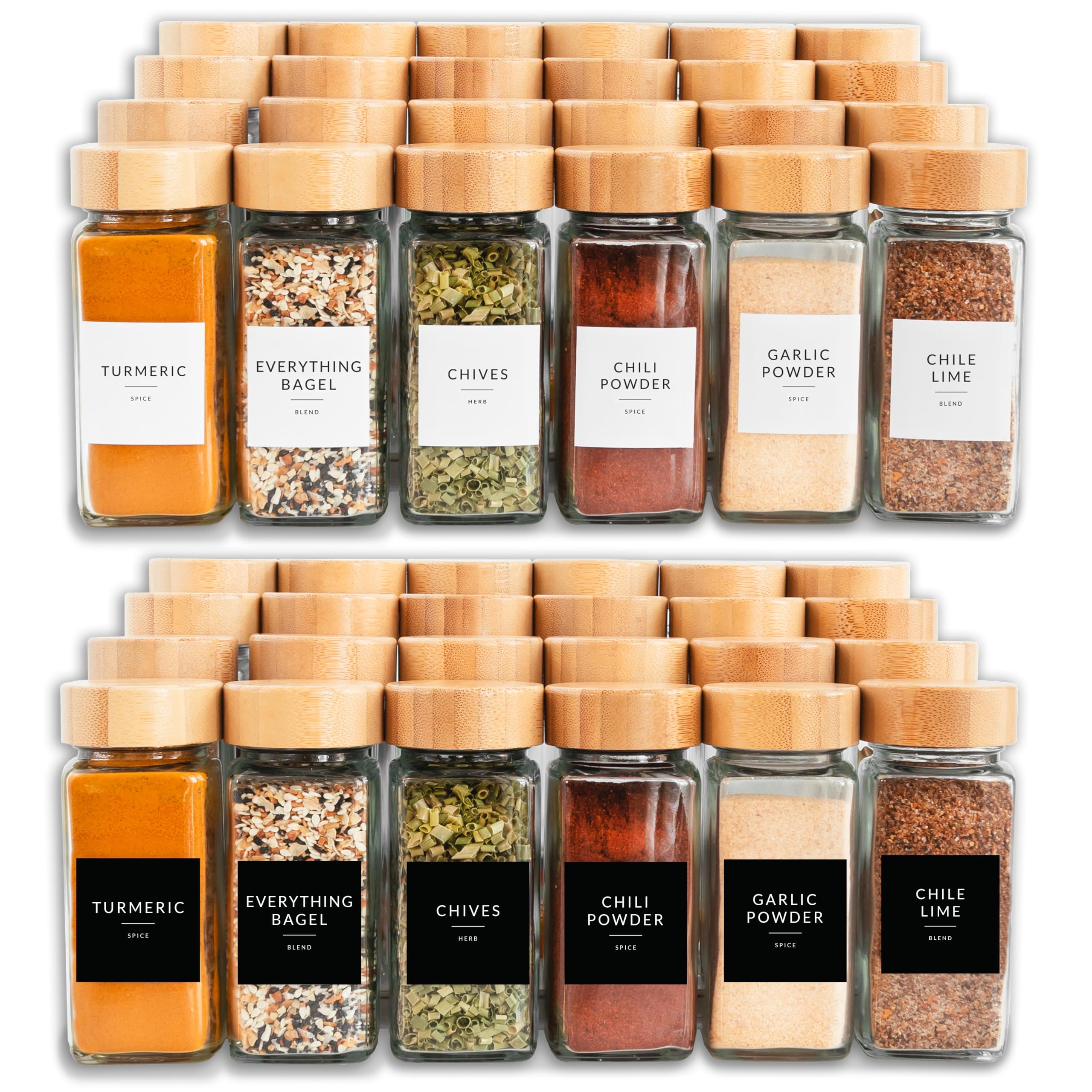 SAVVY & SORTED 24-Piece Glass Spice Jars Set with Bamboo Lids - 4oz Empty Herb & Seasoning Containers with 374 Spice Labels, Pepper Grinder, Funnel & Shaker Lids - Perfect for Kitchen Organization, Spice Storage & DIY Seasoning Gifts