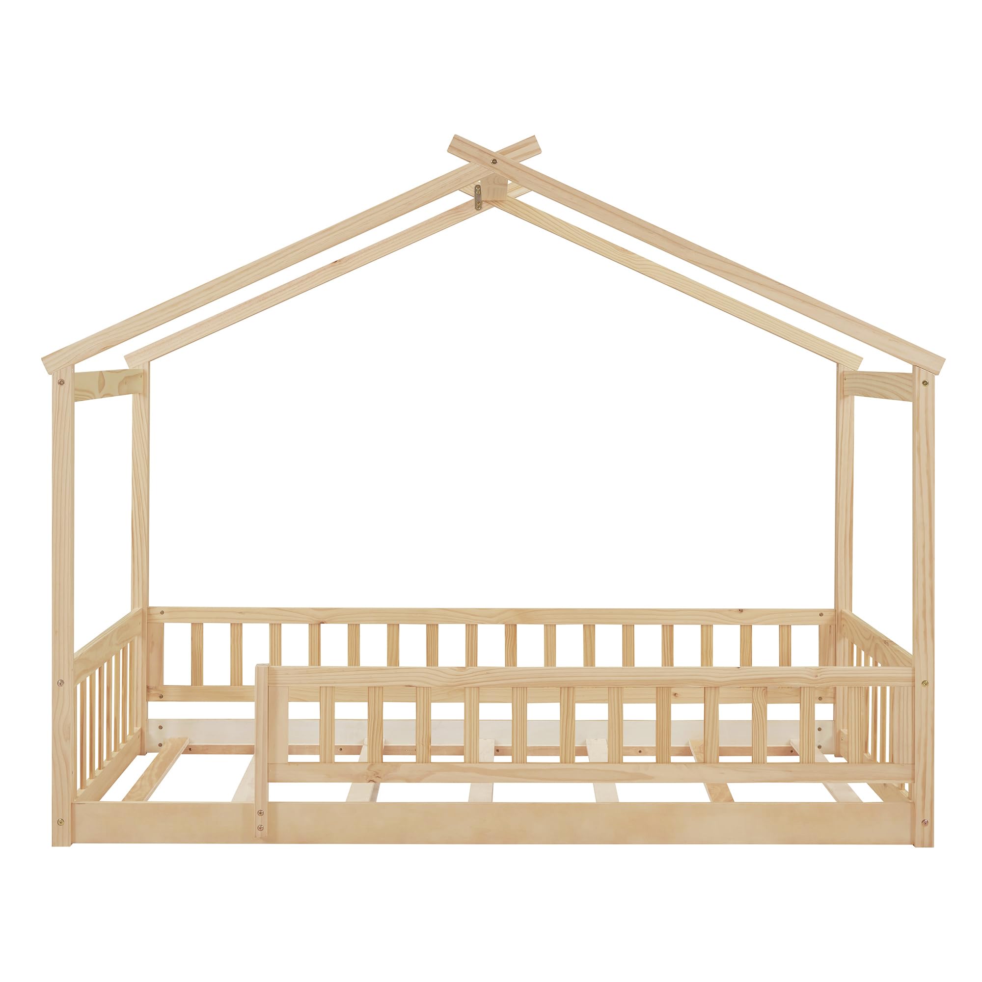 Montessori Wooden Twin Size House Bed with Safety Fence - Natural Solid Wood Floor Bed Frame for Kids, Playhouse Bed for Boys & Girls - Perfect for Bedrooms, Playrooms & Montessori Learning Spaces
