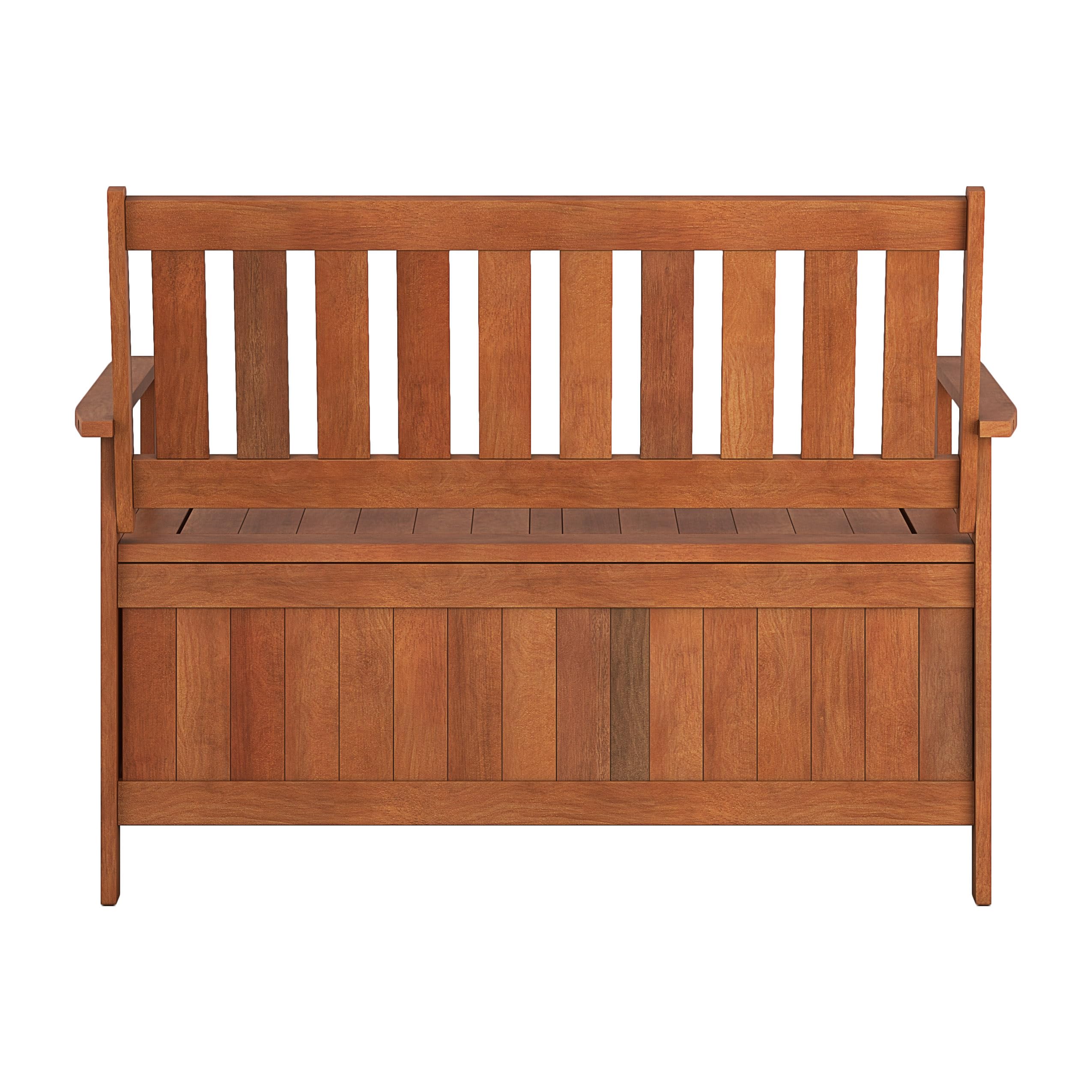 CorLiving Miramar Natural Brown Stained Hardwood Outdoor Storage Bench - Weatherproof Patio Furniture for Garden, Deck, Porch & Backyard Seating with Storage