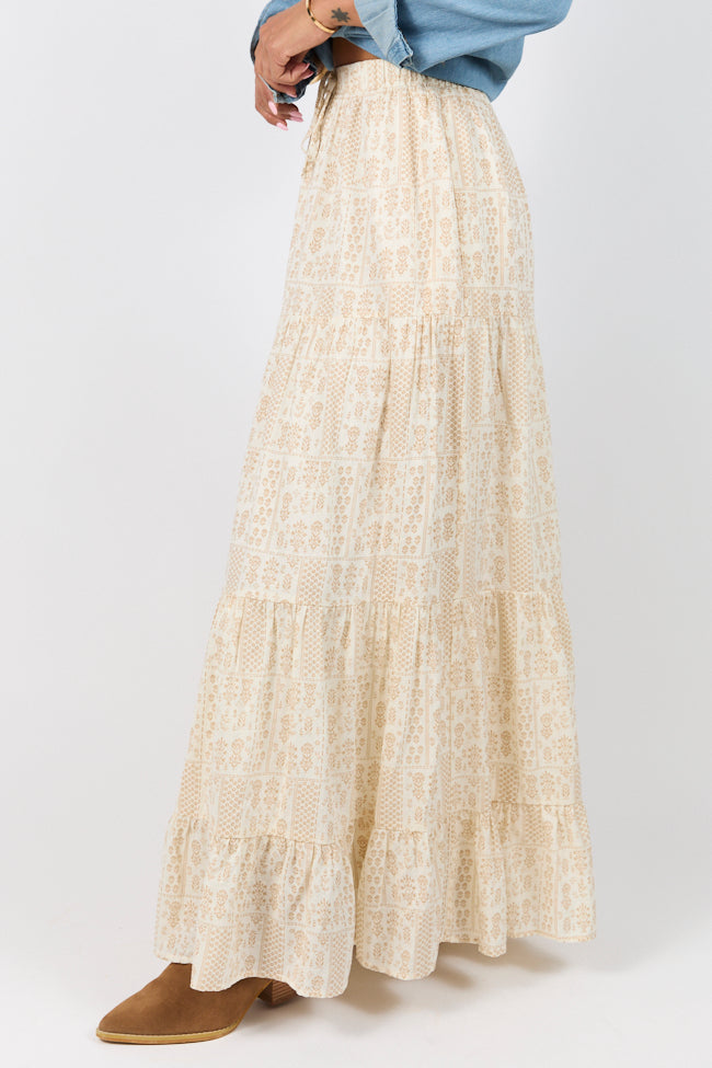 Elegant Ivory and Beige Printed Maxi Skirt for Women | Flowy Boho Beach Skirt | Perfect for Summer Vacations, Music Festivals & Casual Outings