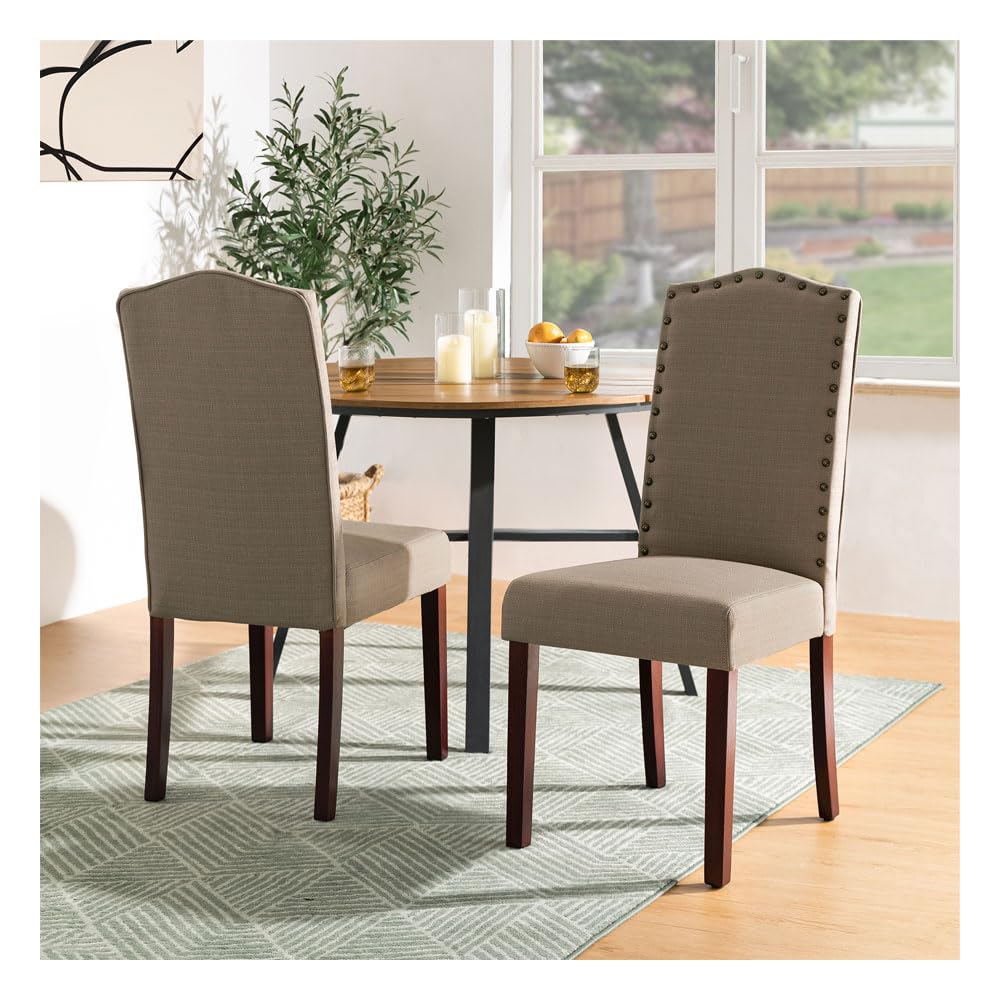 Glitzhome Set of 2 Upholstered Dining Chairs - Modern Padded Fabric Kitchen Side Chairs, Armless Brown - Perfect for Dining Room, Breakfast Nook & Small Space Decor