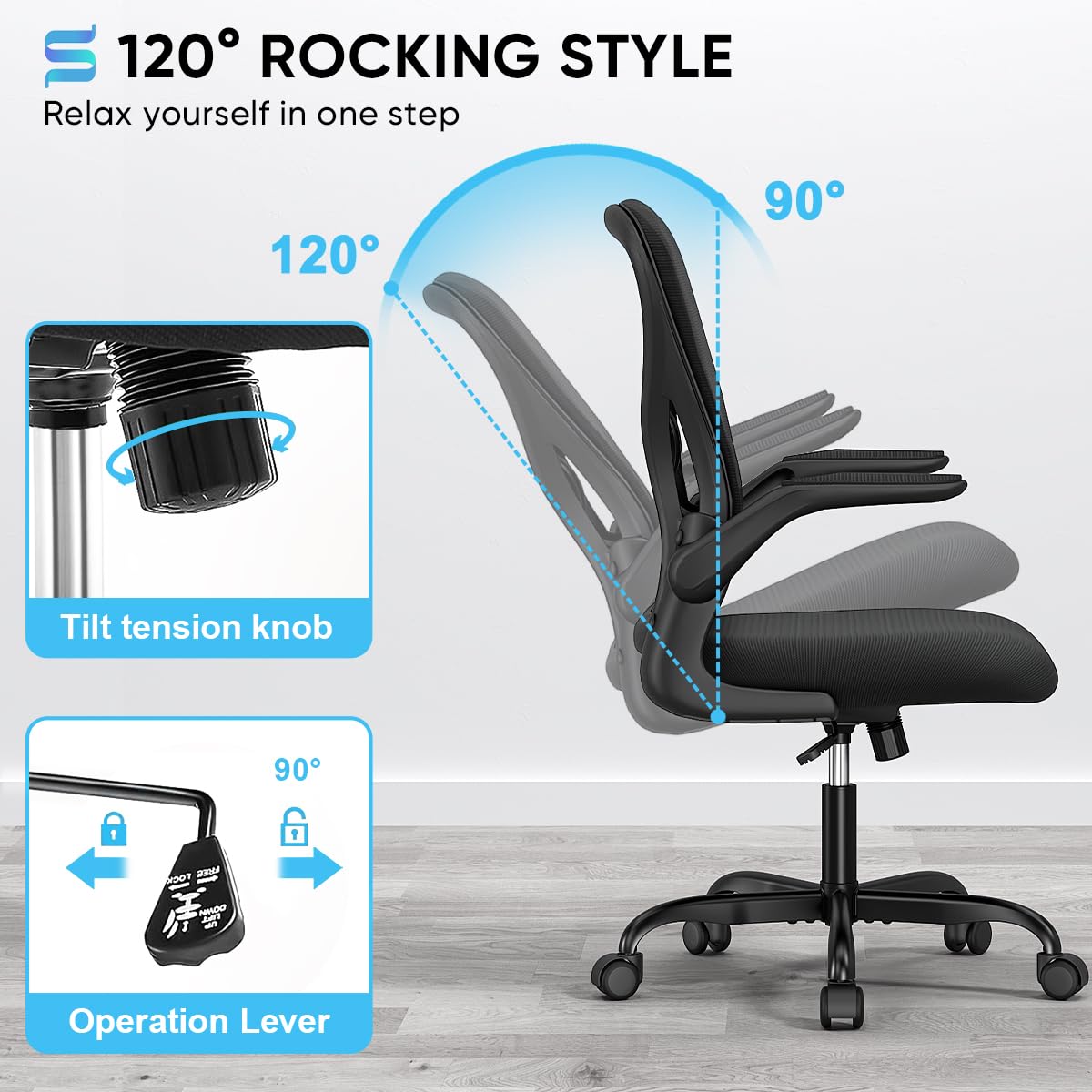 Sytas Ergonomic Office Chair with Adjustable Flip-Up Arms & Lumbar Support - Breathable Mesh Back & Padded Seat for Home Office, Gaming, or Workspace (Black) - Perfect for Long Hours of Sitting & Computer Work