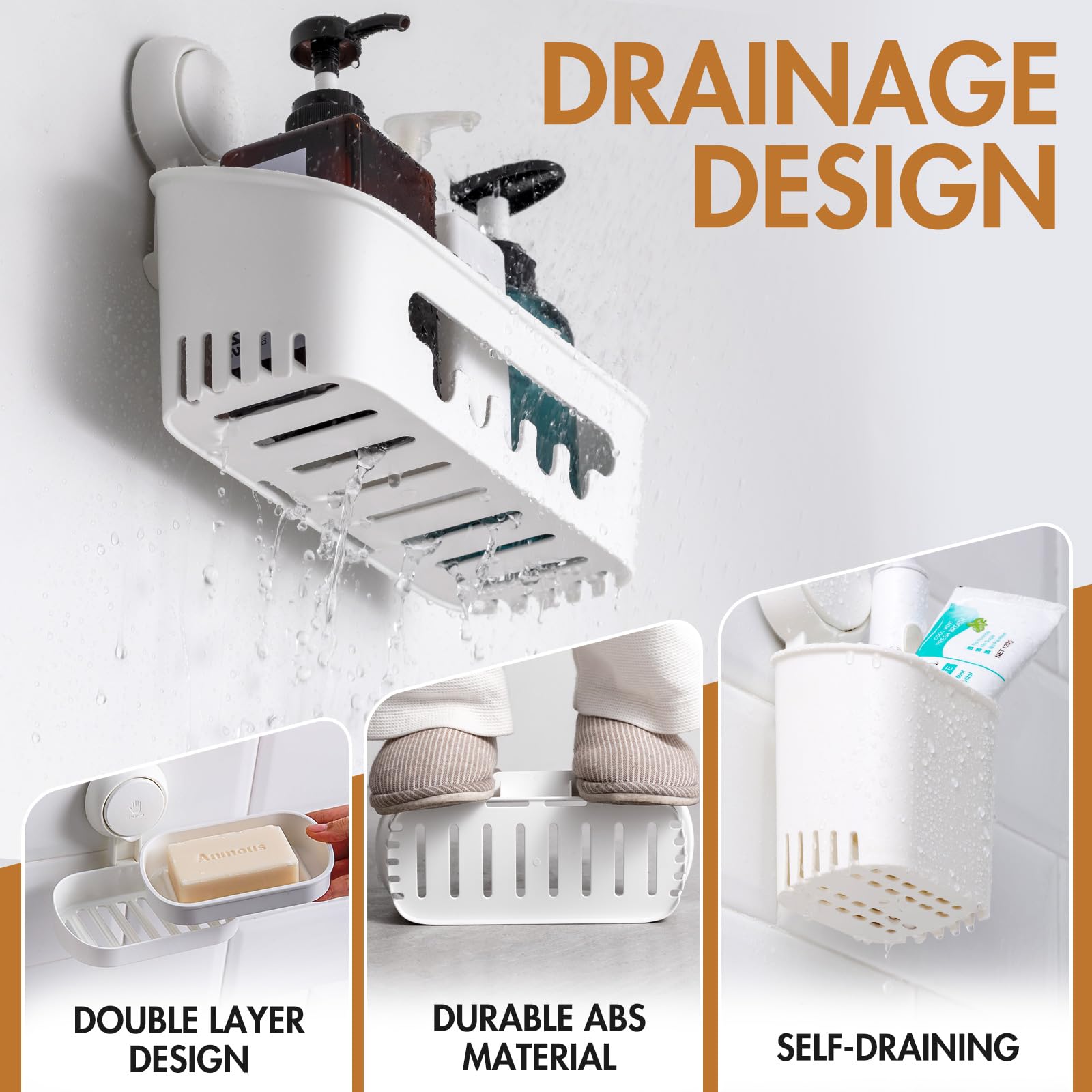 LEVERLOC No-Drill Shower Caddy with Suction Cups - Bathroom Organizer for Toothbrush, Soap & Shampoo | Waterproof Shower Storage for Small Spaces | Perfect for Apartments, Dorms & RVs