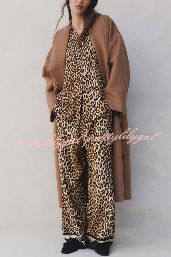 Stylish Printed Lapel Long Sleeve Blouse with Elastic Waist Casual Pants Set - Women's Loose Fit Wide Leg Trousers & Pocket Details for Office, Travel and Everyday Wear