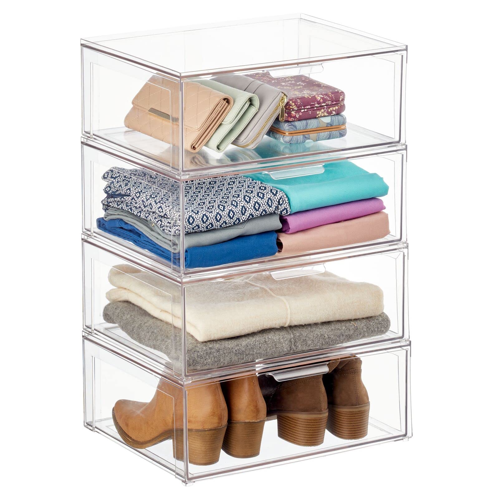 mDesign Stackable Closet Organizer Bins - 4 Pack Clear for Cabinet & Dresser Storage