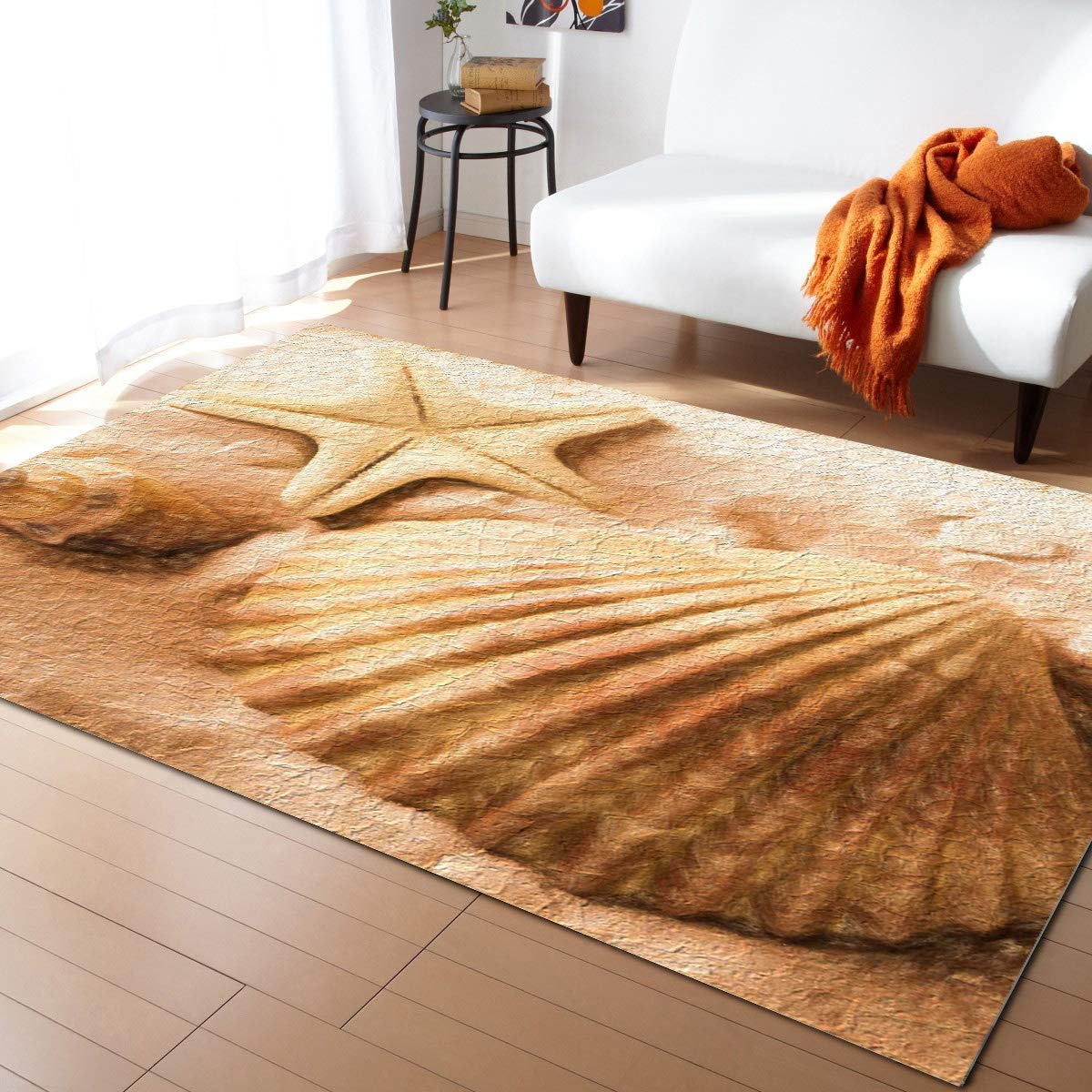 5'x7' Non-Slip Washable Area Rug - Indoor/Outdoor Vintage Starfish Seashell Design Soft Floor Carpet for Living Room, Bedroom, Nursery & Dorm | Perfect for Beach House Decor, Coastal Theme Rooms & Kids Play Areas