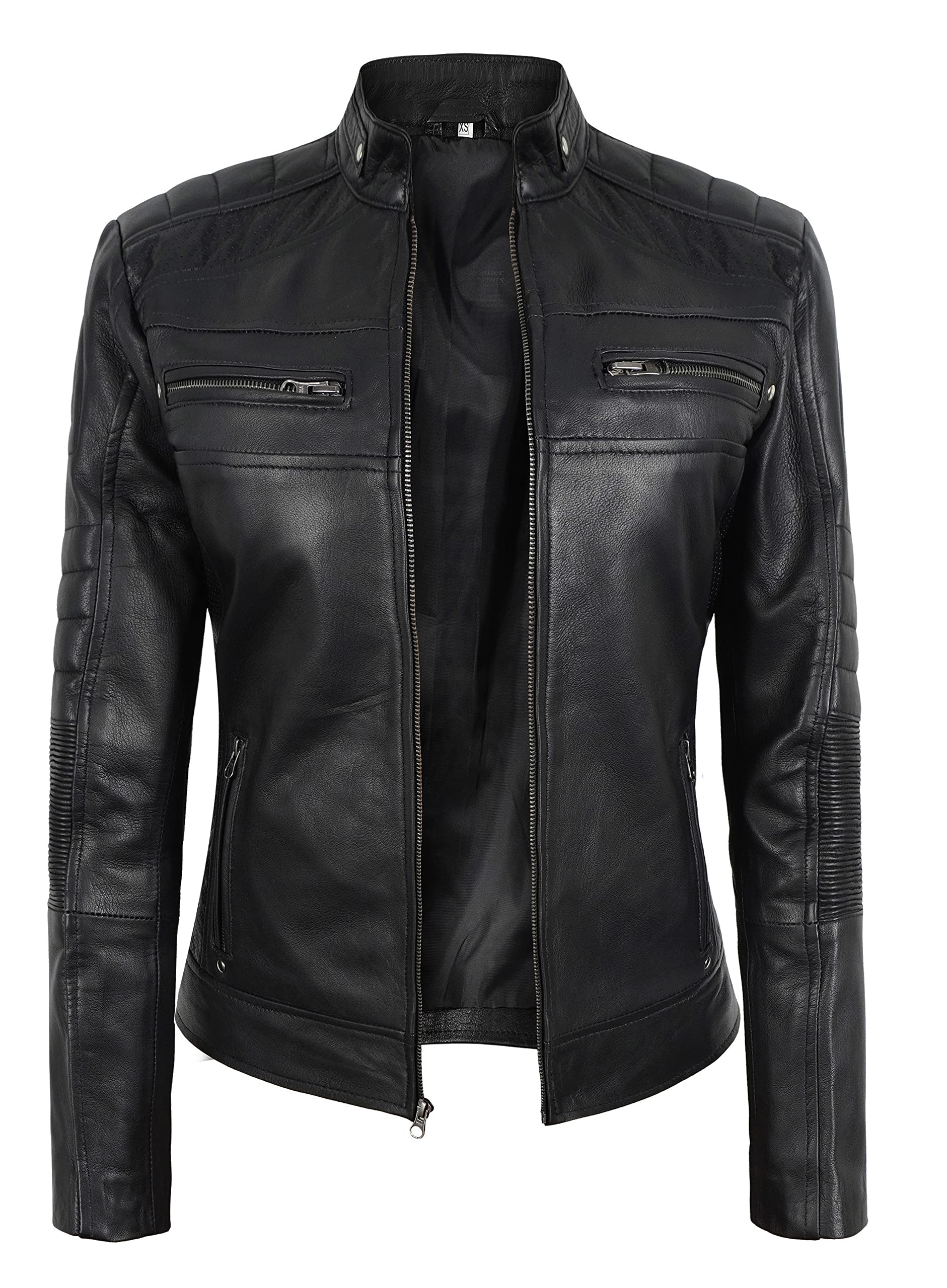 SpazeUp Women's Black Asymmetrical Cafe Racer Motorcycle Jacket - Genuine Leather Biker Jacket for Women | Stylish Outerwear for Riding, Night Out & Casual Wear