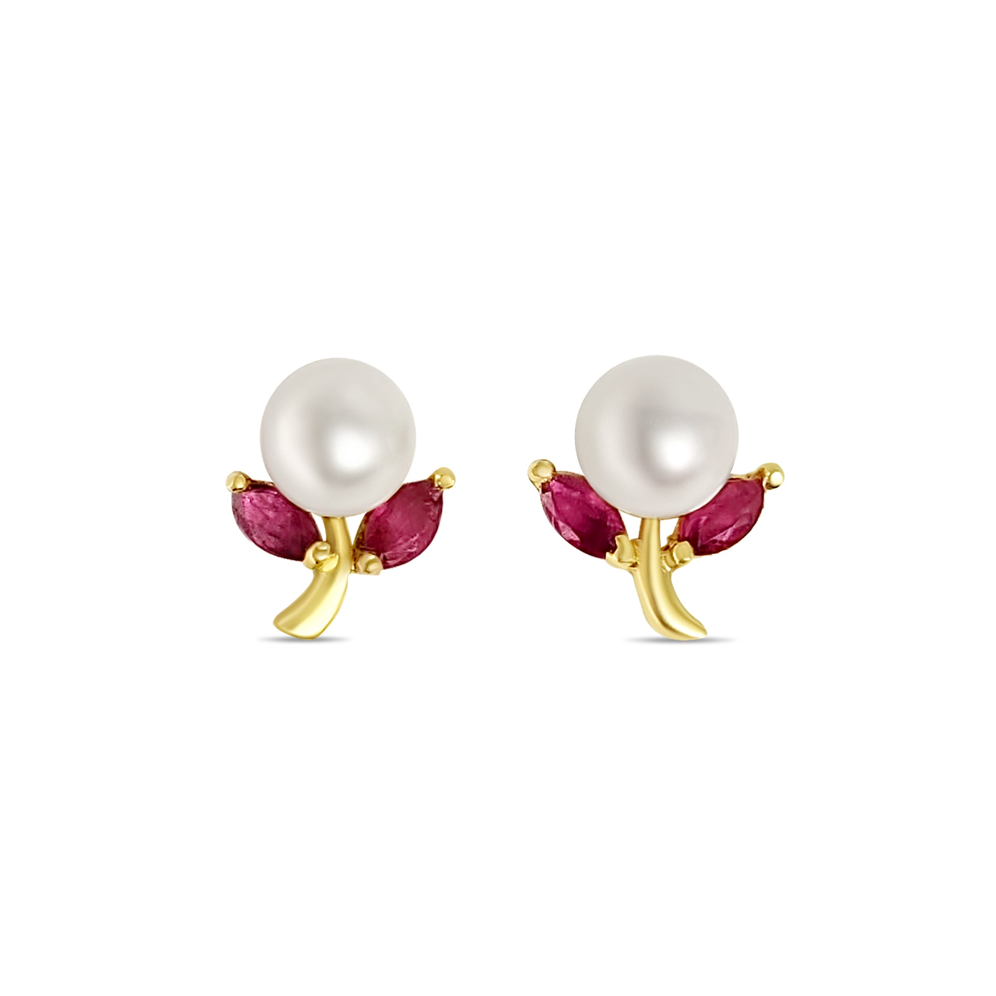 14k Yellow Gold Pearl & Ruby Floral Stud Earrings for Women - Elegant Jewelry Gift for Wedding, Anniversary & Special Occasions