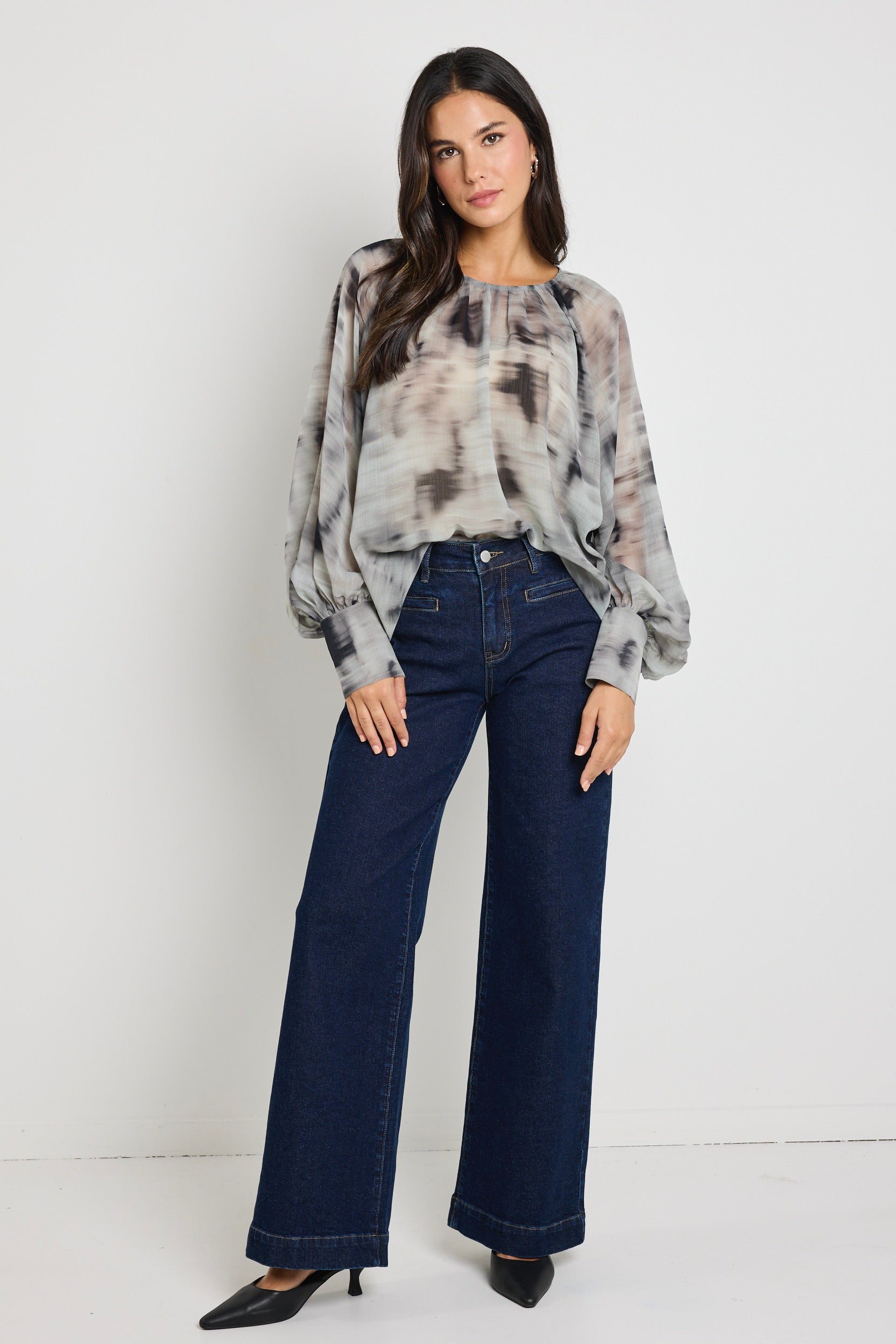 Stylish Charcoal Smudge Crew Neck Long Sleeve Top for Women | Trendy Loose Fit Blouse for Casual Outings & Layering