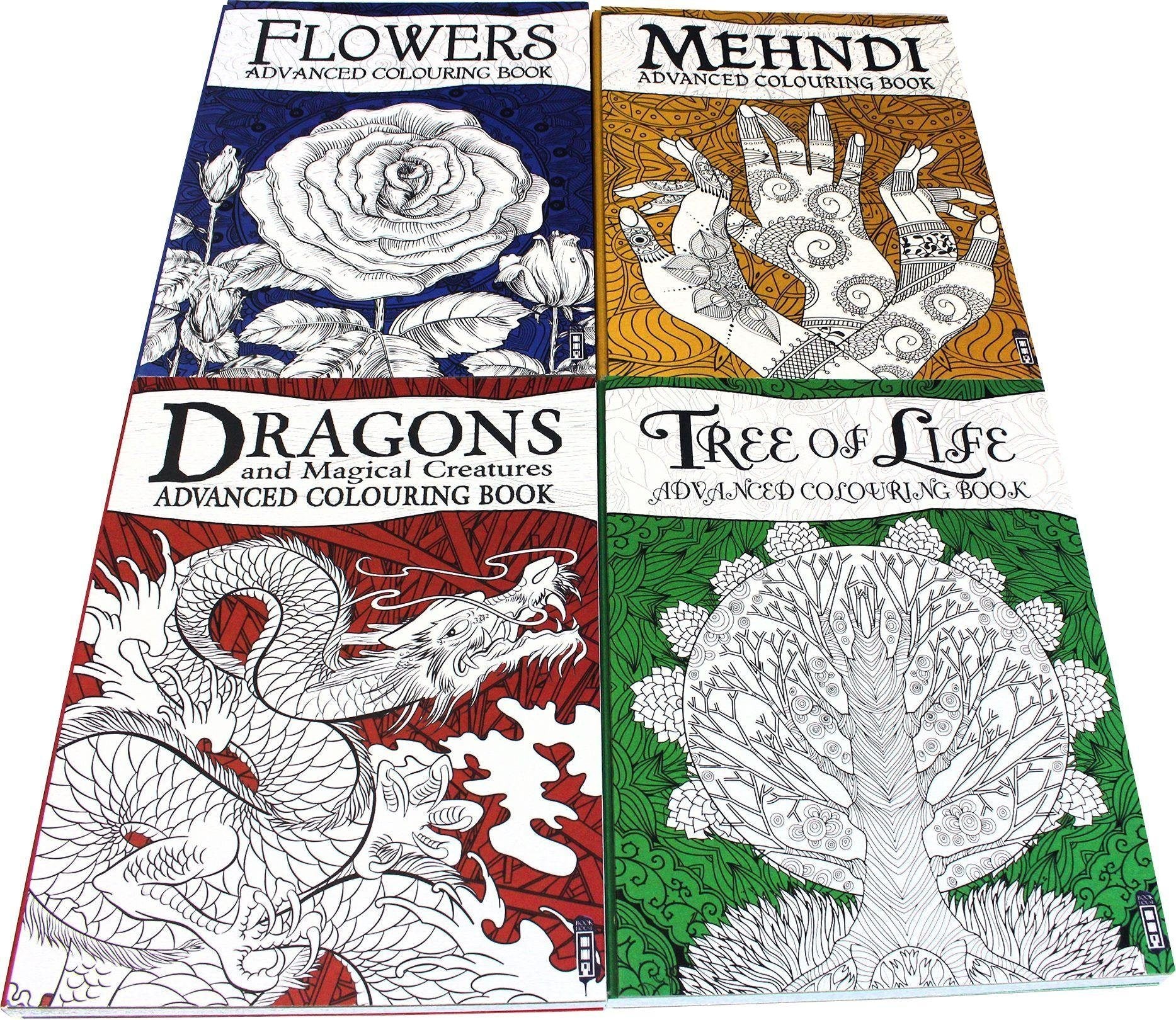 Premium 4-Pack Coloring Books for Adults - Floral, Tree, Dragon & Mehndi Designs | Hardback Art Therapy Collection by David Stewart | Perfect for Stress Relief, Mindfulness & Creative Relaxation