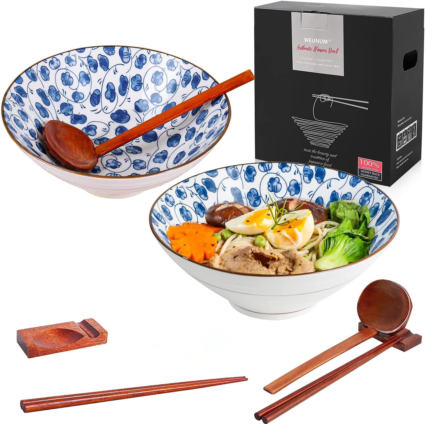 Premium Japanese Ceramic Ramen Bowl Set - 2 Sets (8 Pieces) 9-Inch 60-Oz Large Noodle Bowls with Matching Spoon, Chopsticks & Racks - Perfect for Ramen, Udon, Soba, Pho & Asian Noodles - Microwave & Dishwasher Safe (Duckweed Design) - Ideal for Home Dining, Restaurant Use & Gift Giving
