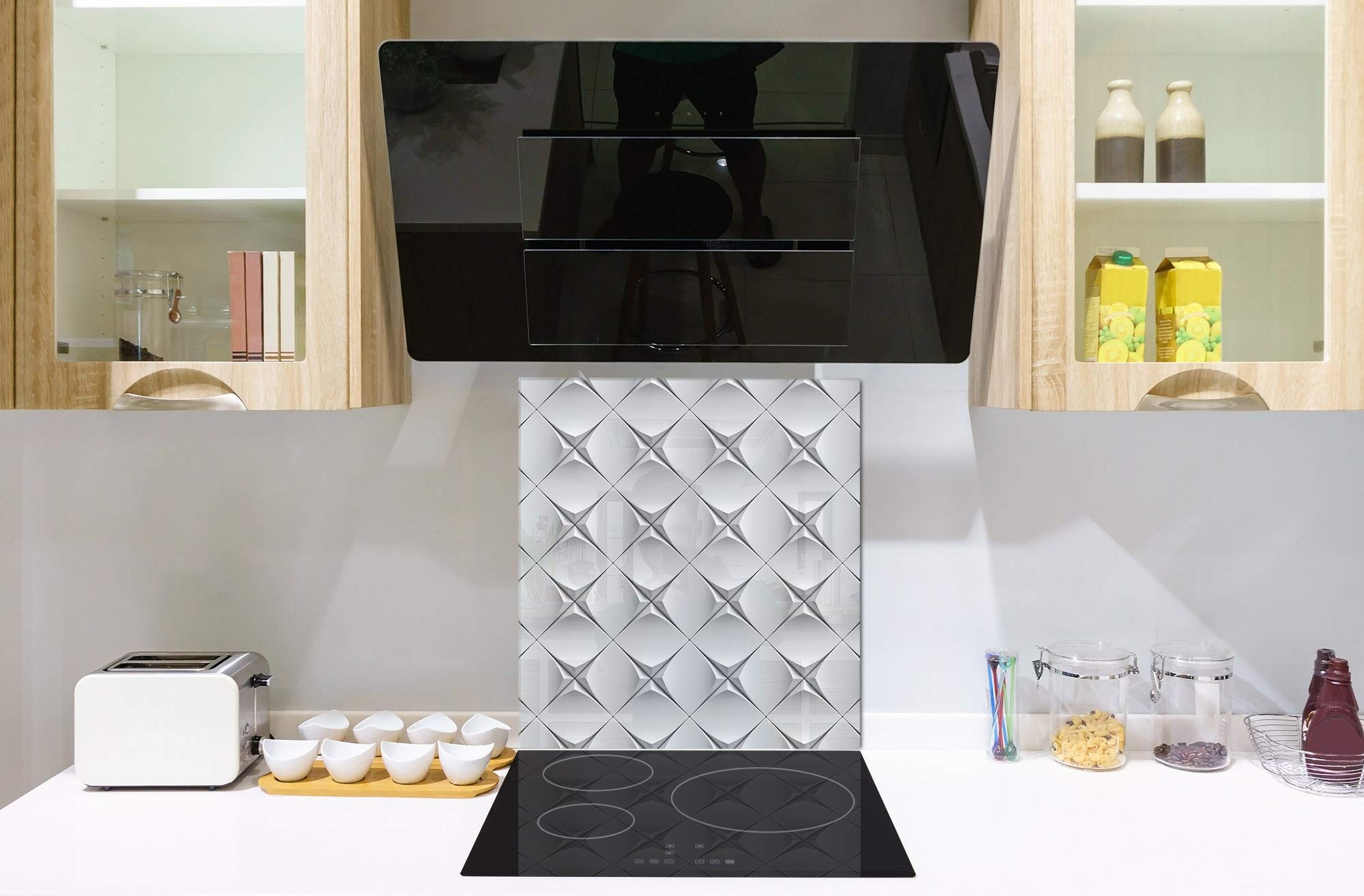 Tempered Glass Backsplash - White & Grey Geometric Abstract Art Design Printed Splashback BS 12 | Durable Kitchen Wall Protection for Modern Homes