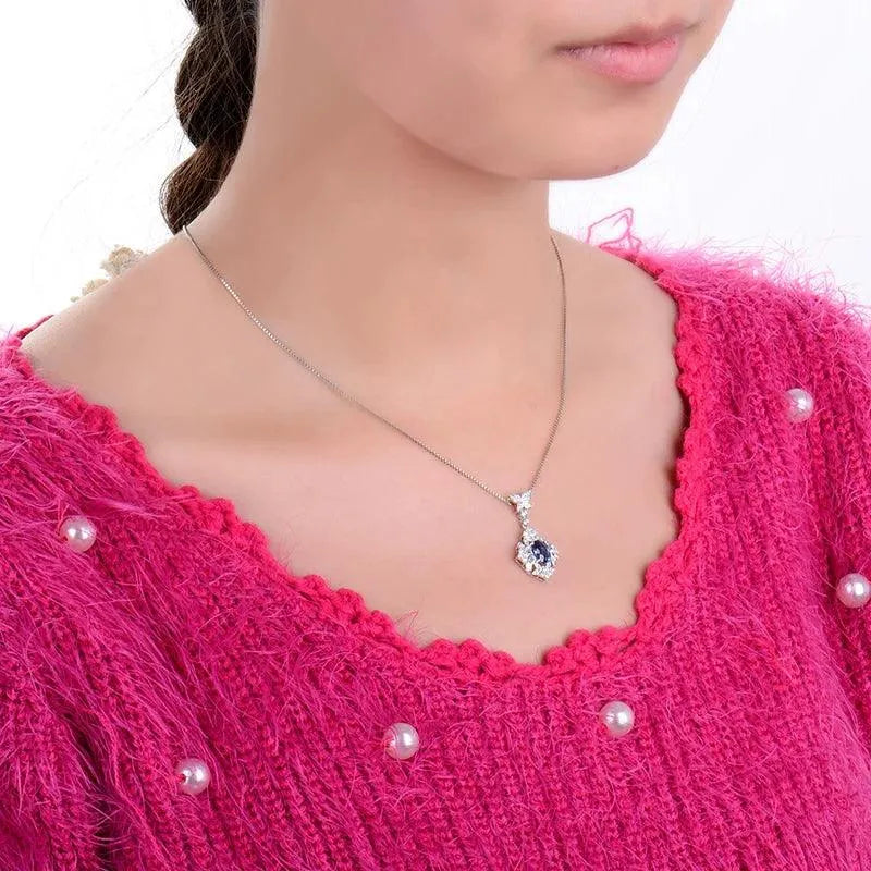18K White Gold Blue Sapphire Pendant Necklace for Women - Real Natural Sapphire & Diamond Jewelry Gift for Anniversary, Birthday & Special Occasions